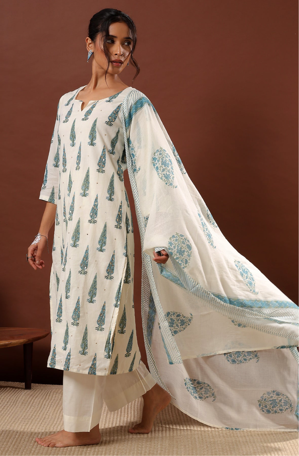 Sea Green Floral Suit Set, with Kota Doria Dupatta | HER-519