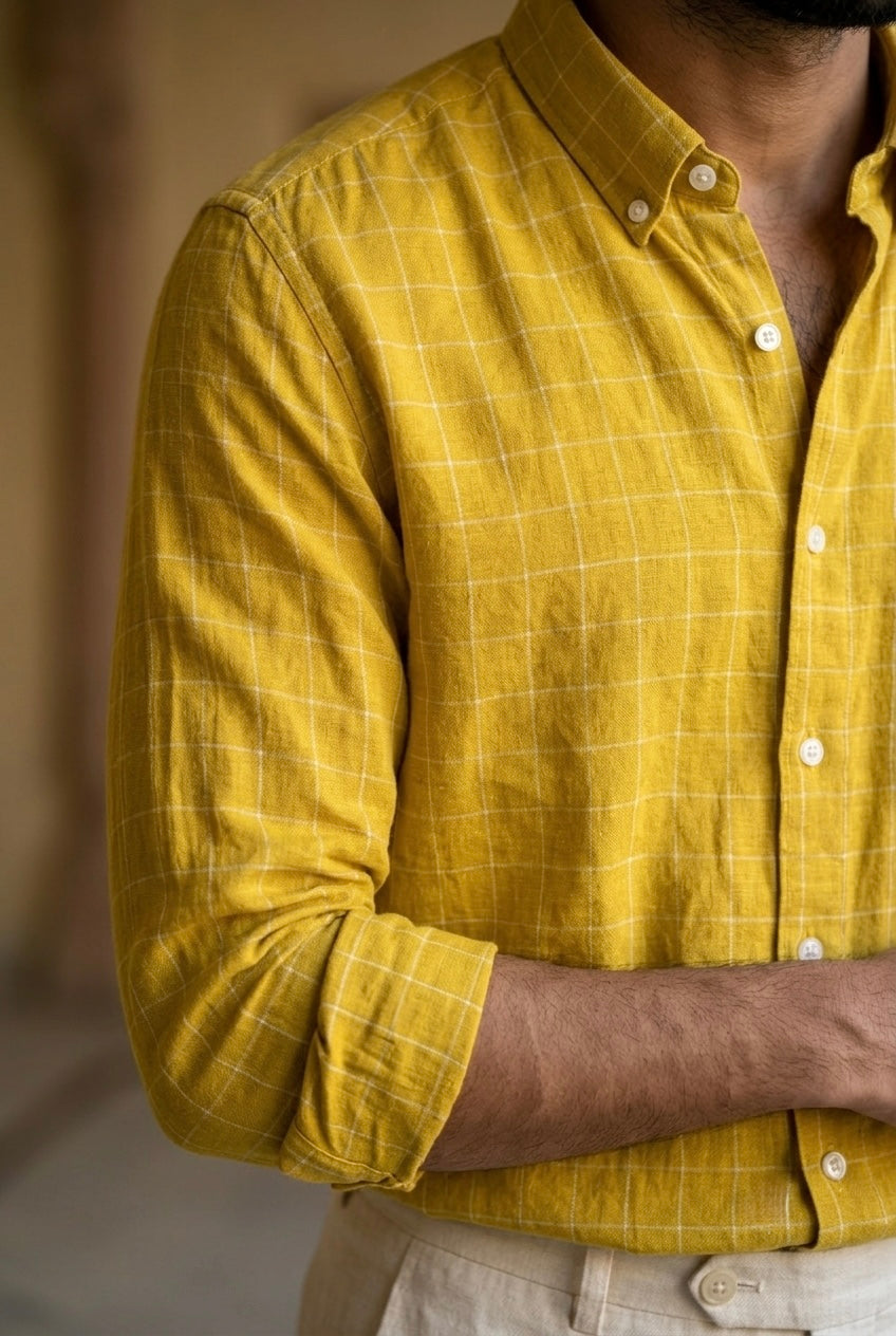 Mustard Yellow Check Men’s Pure Linen Full Sleeves Shirt