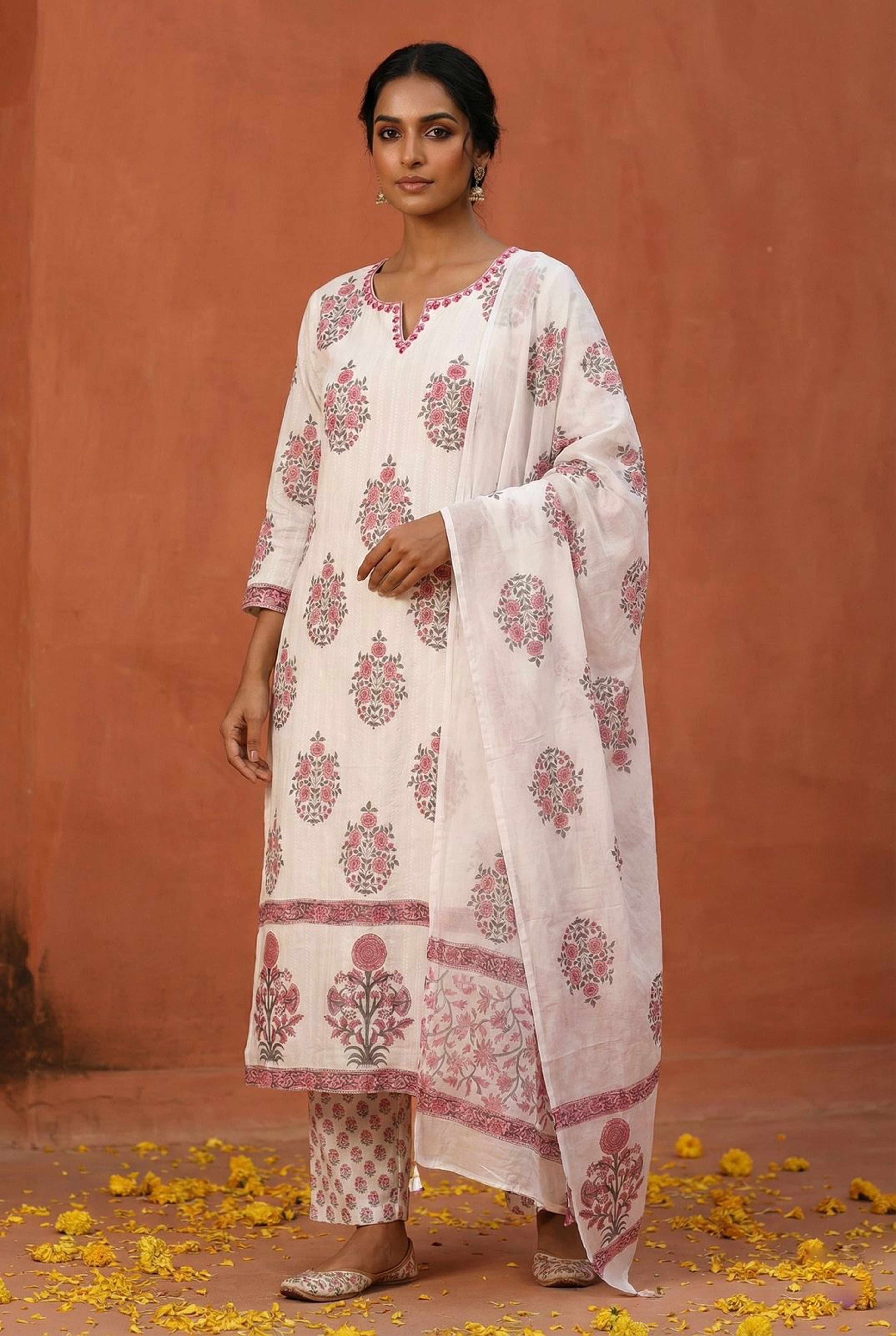 White & Pink Straight Fit Cotton Suit Set | HER-448