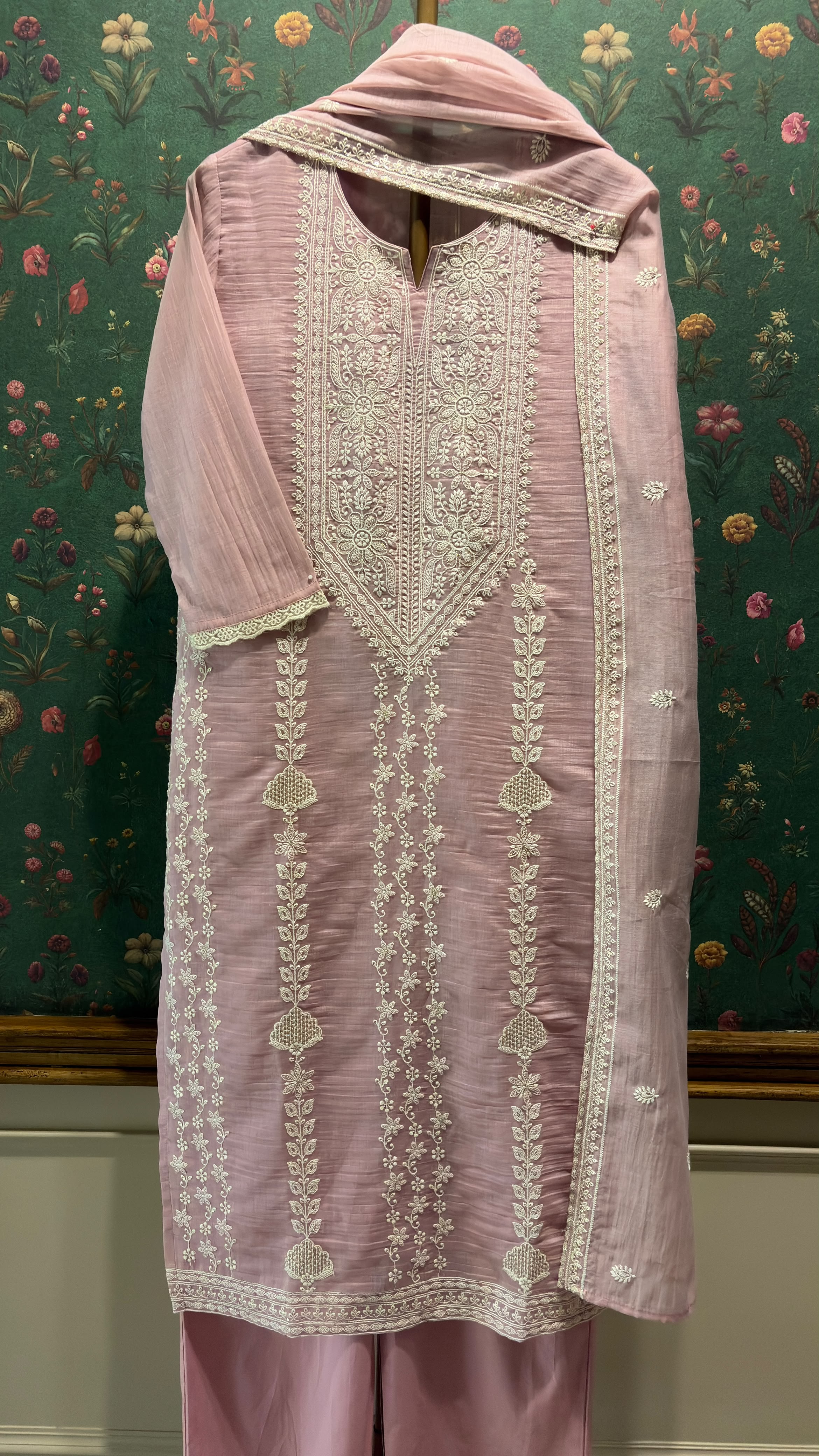 Rose Pink Embroidered Mul-Chanderi Suit Set | HER-786