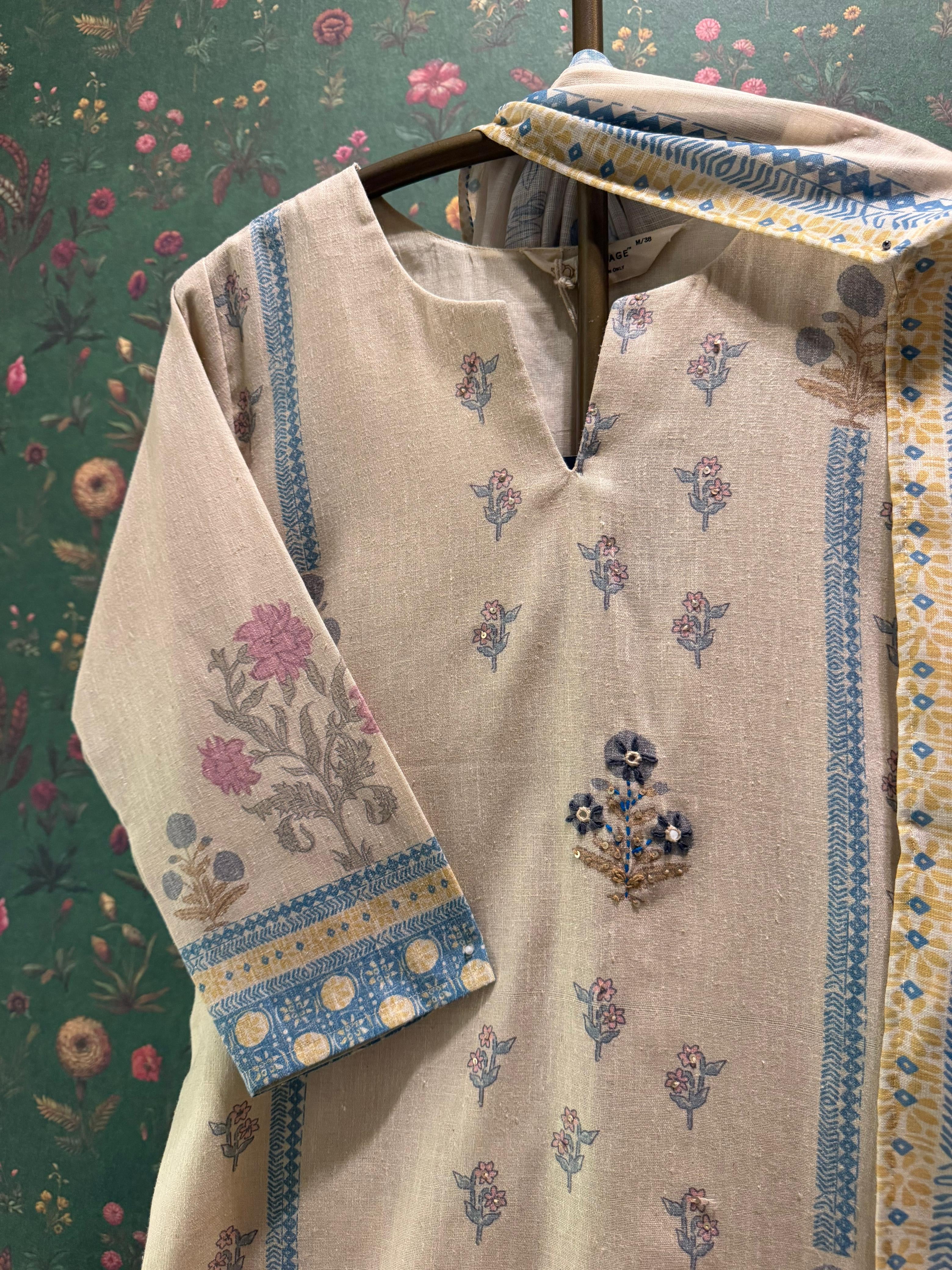 Beige Floral Embroidered Cotton Linen Suit Set | HER-668