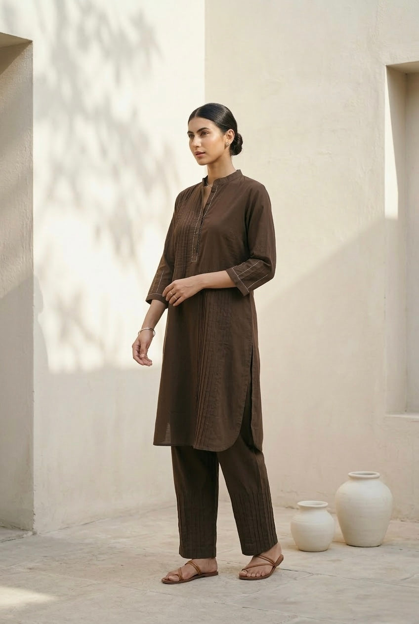 Mocha Brown Pintuck Kurta Set | HER-698