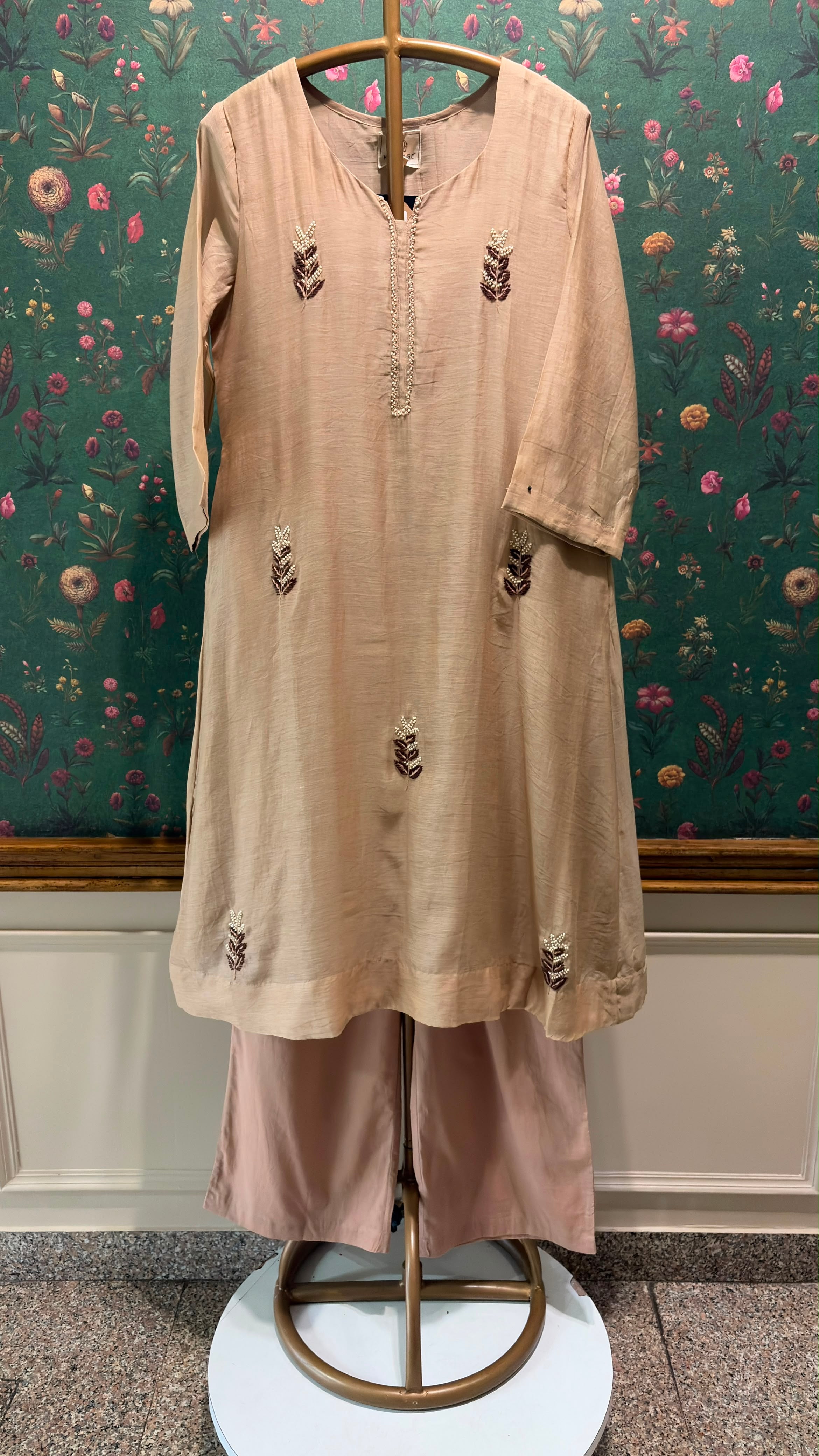 Champagne Beige Embellished Mul Chanderi A-Line Suit Set