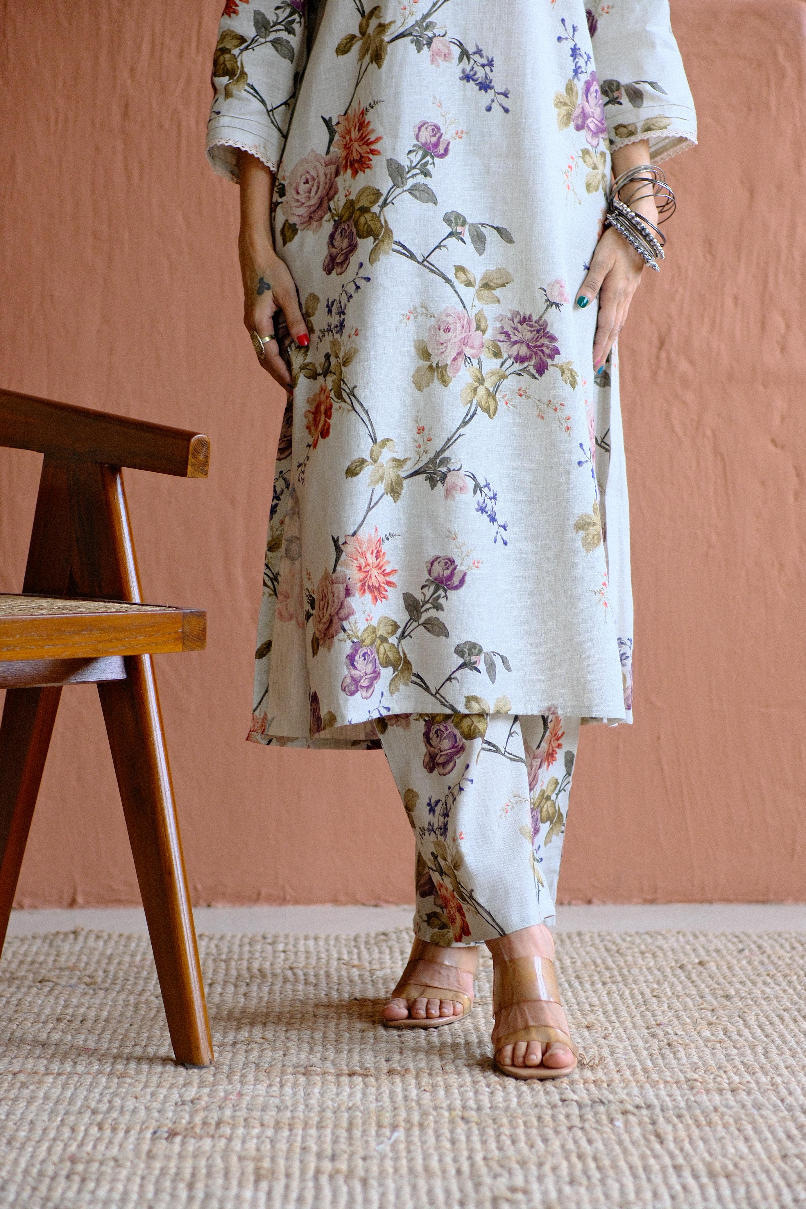 Rosalie Bloom Pure Linen Co-ord/Kurta Set | HER-465