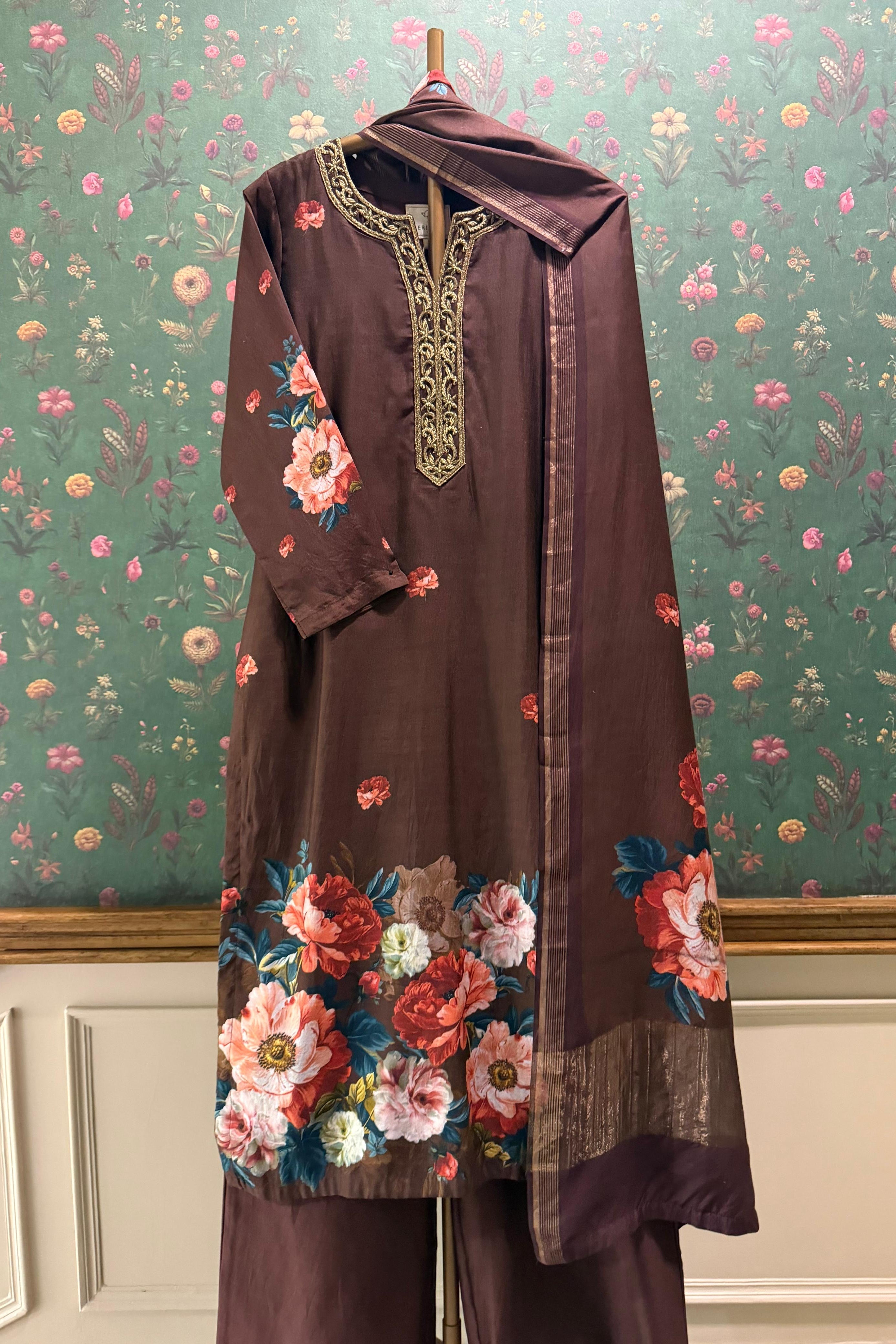 Noorbagh Deep Cocoa Brown Chanderi Suit Set x Noorin Sha | HER-603