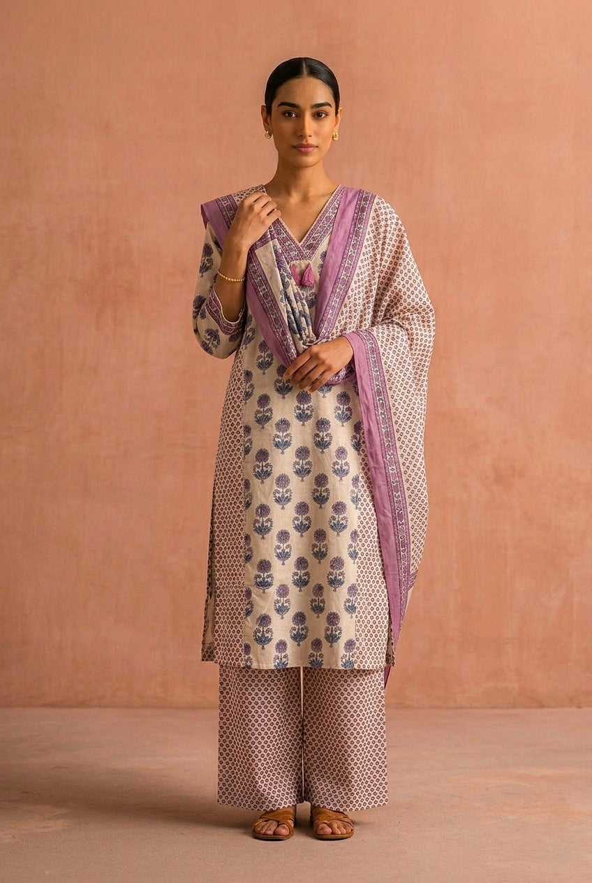 Mauve Floral Printed Cotton Suit Set | HER-710