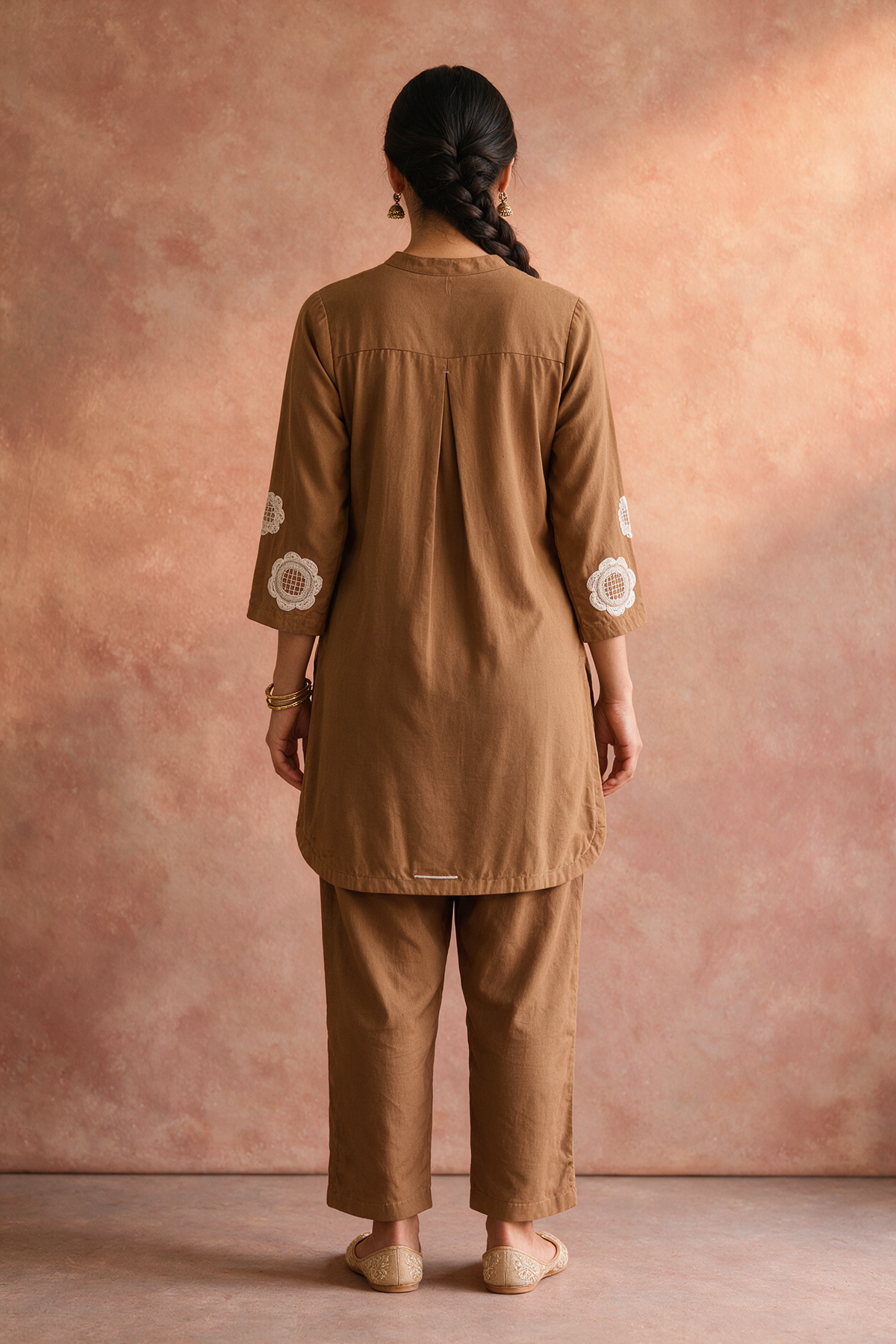Warm Camel Brown Appliqué Khadi Cotton Kurta/Co-ord Set