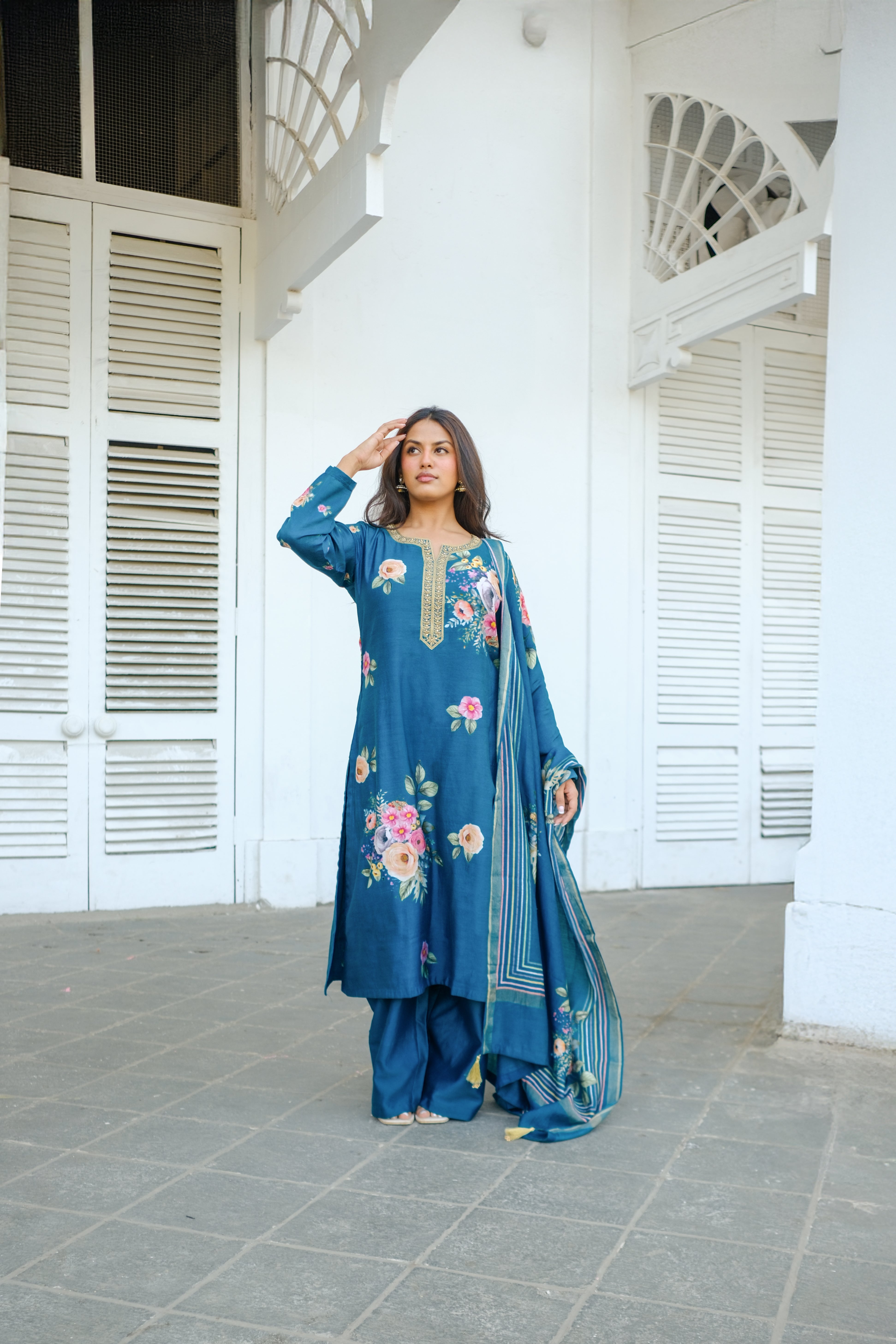Emerald Teal Blue Floral Chanderi Suit Set x Celina | HER-606