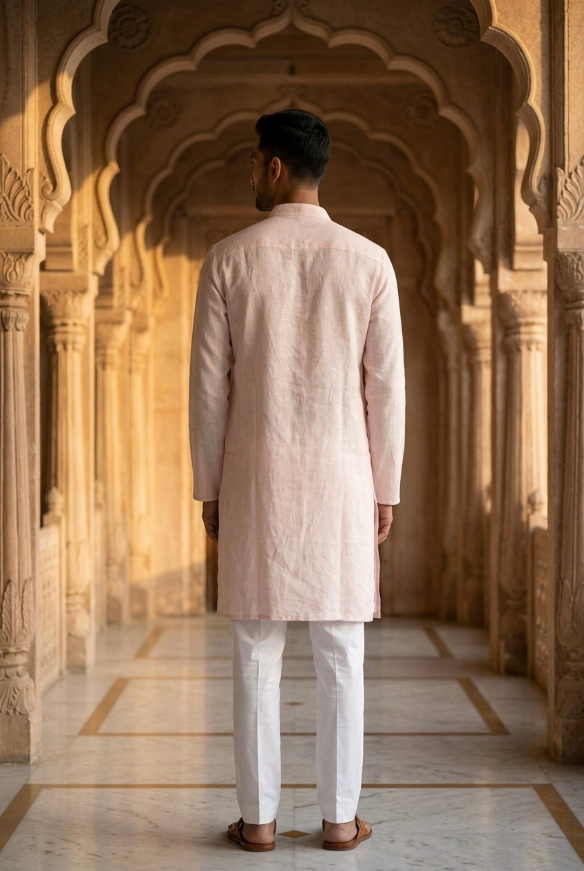 Men’s Pure Linen Kurta Pajama Set – Soft Blush Pink