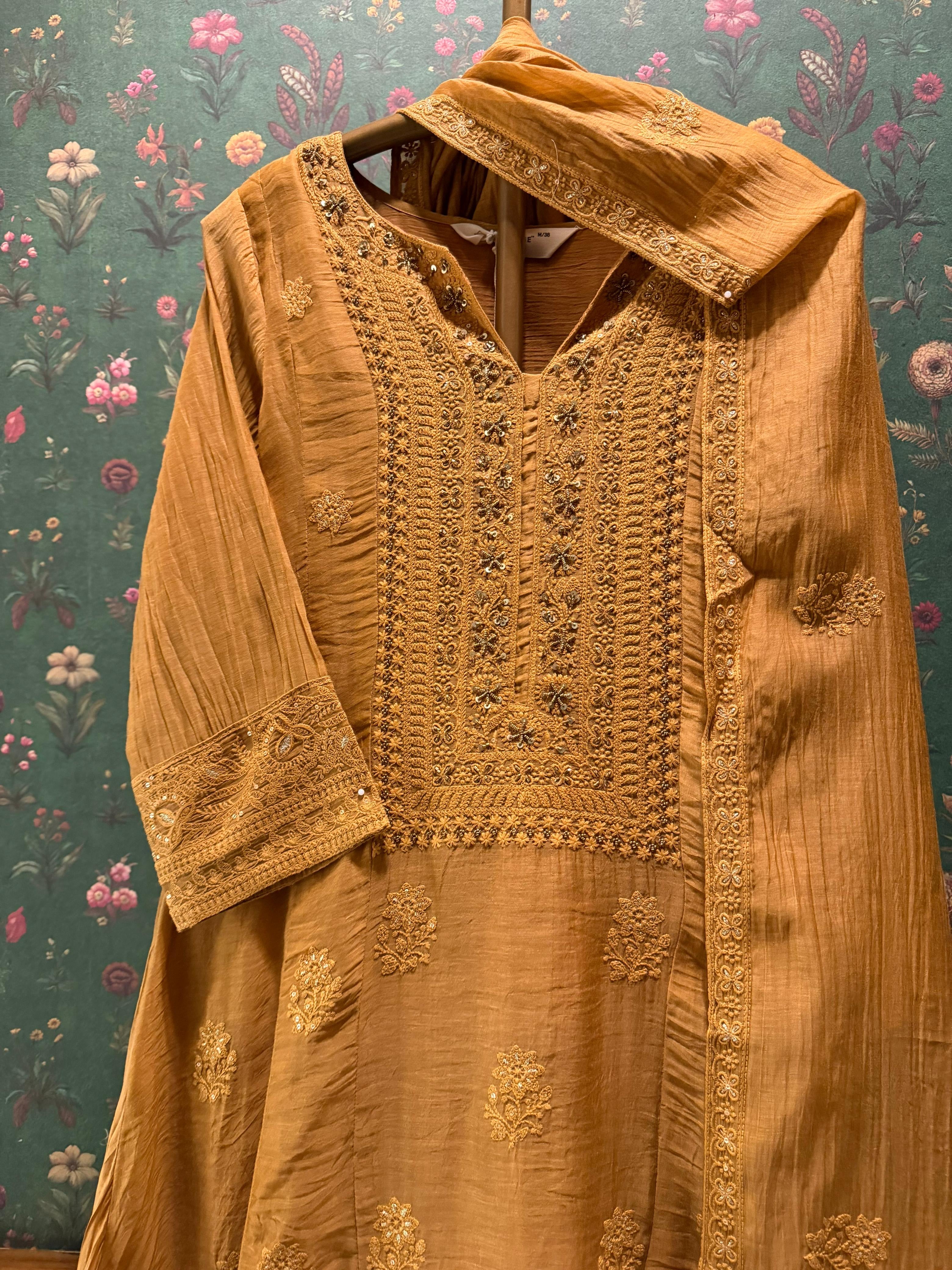 Ochre Yellow Chikankari A-Line Mul Chanderi Suit Set | HER-626