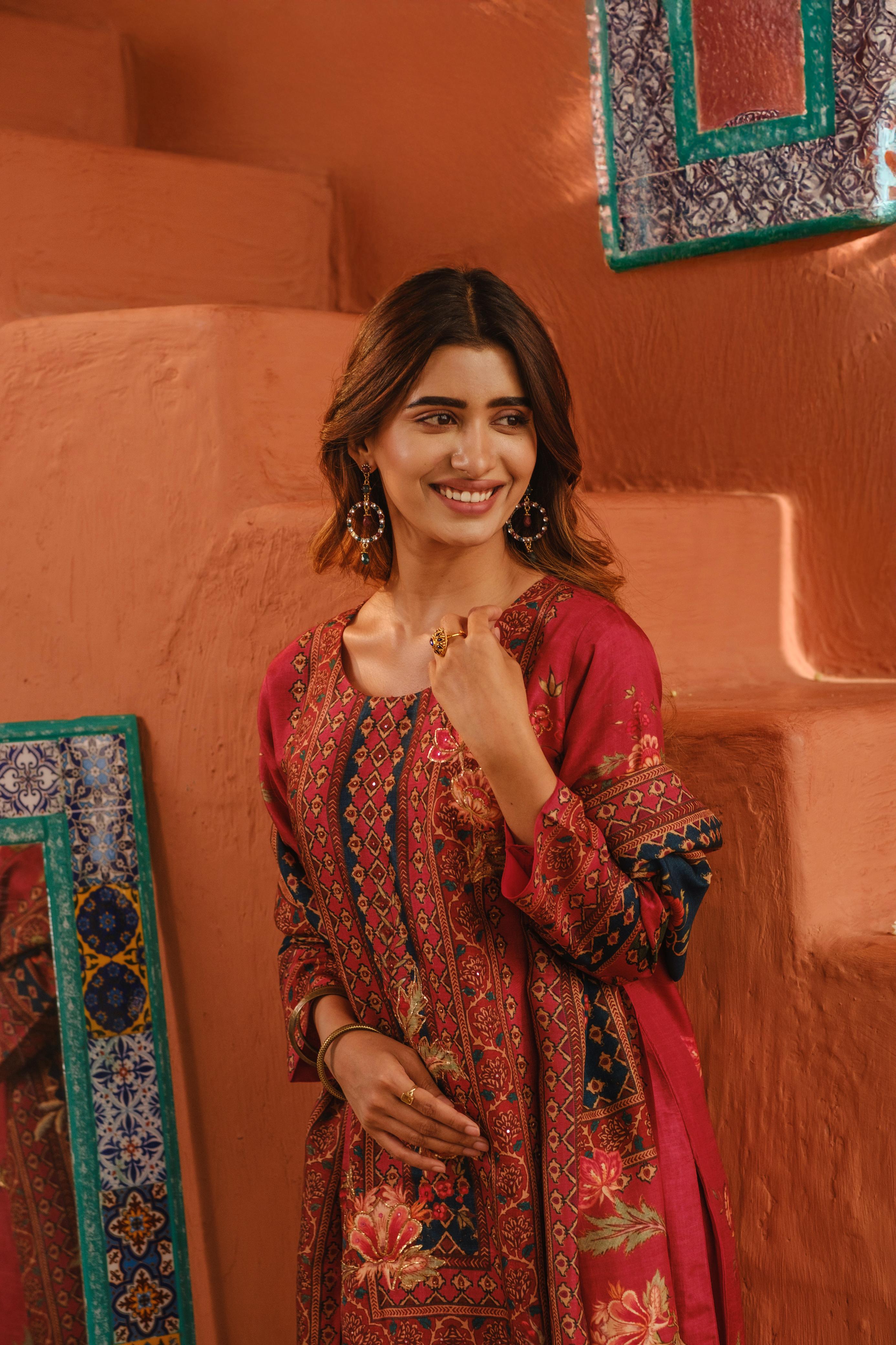 Deep Rose Pink Dola Jacquard Suit Set with Dabka work | HER-485