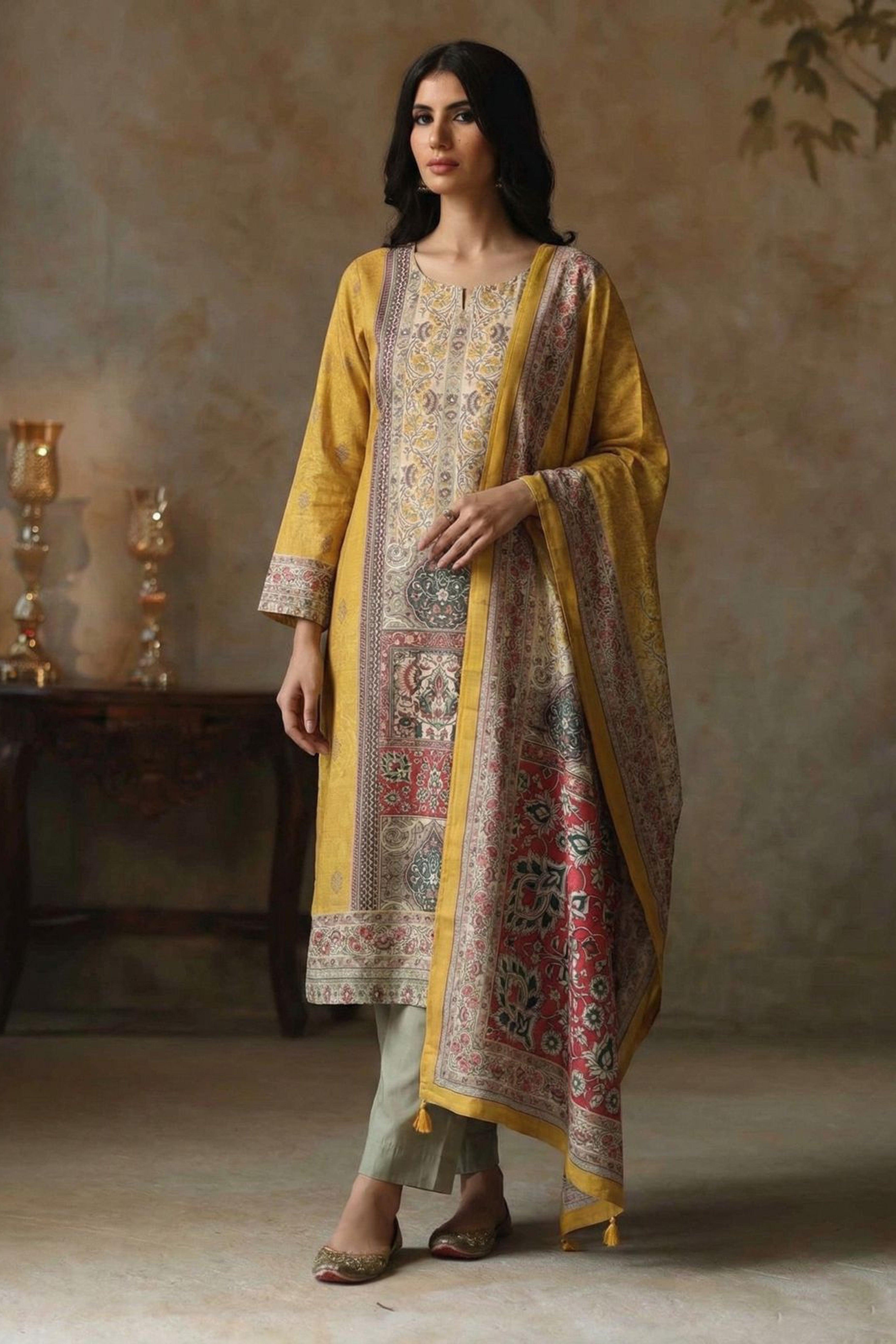 Mustard & Taupe Mughal Print Embellished Suit Set | HER-571
