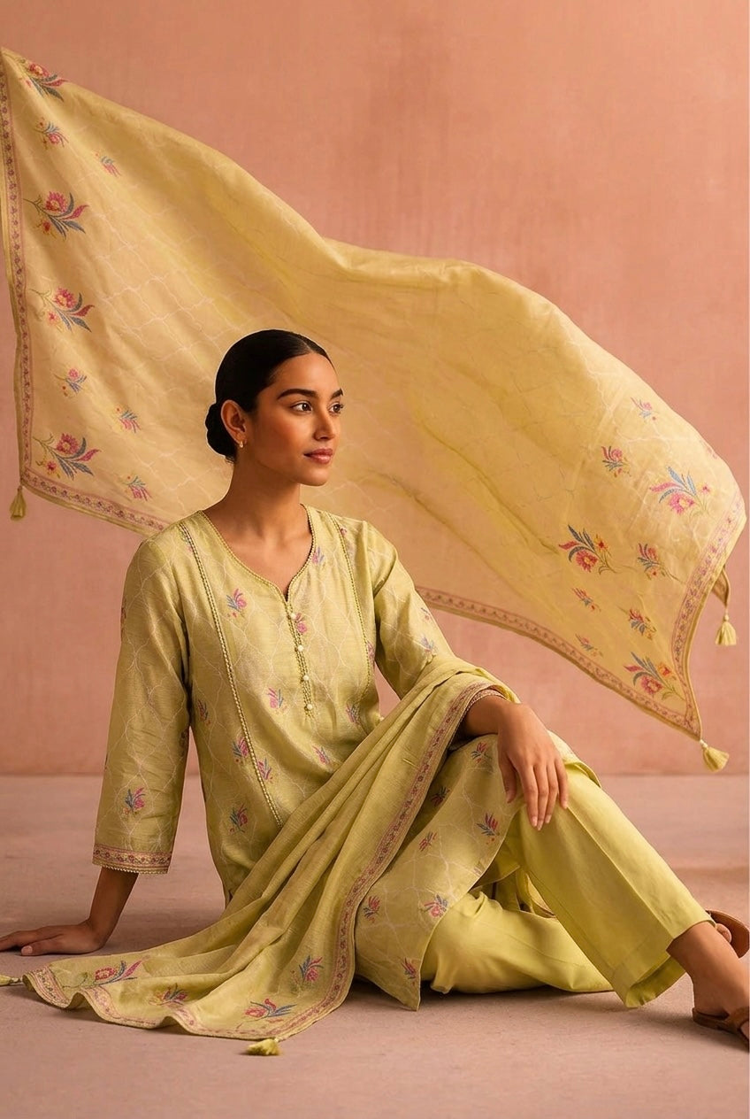 Lime Green Printed Cotton Linen Suit Set | HER-769
