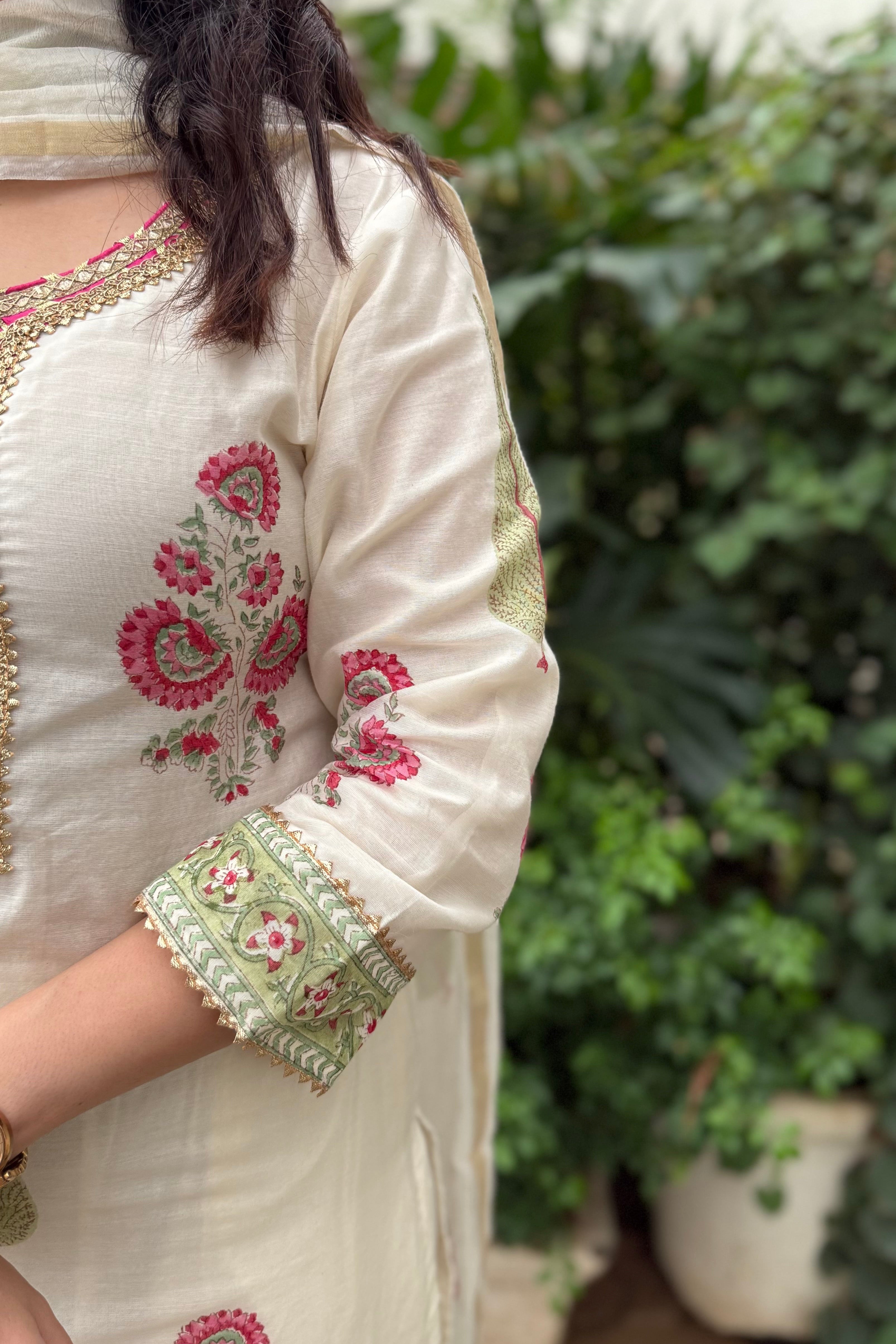 Ivory White Floral Printed Chanderi Suit Set x Vaani