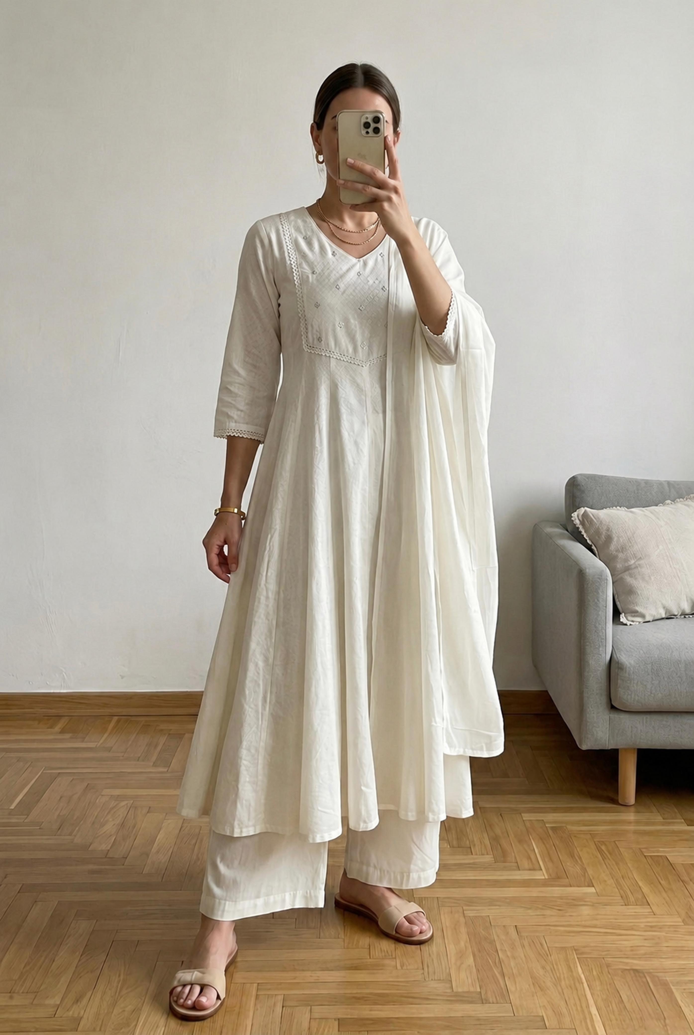 Ivory White A-Line Cotton Suit Set | HER-685
