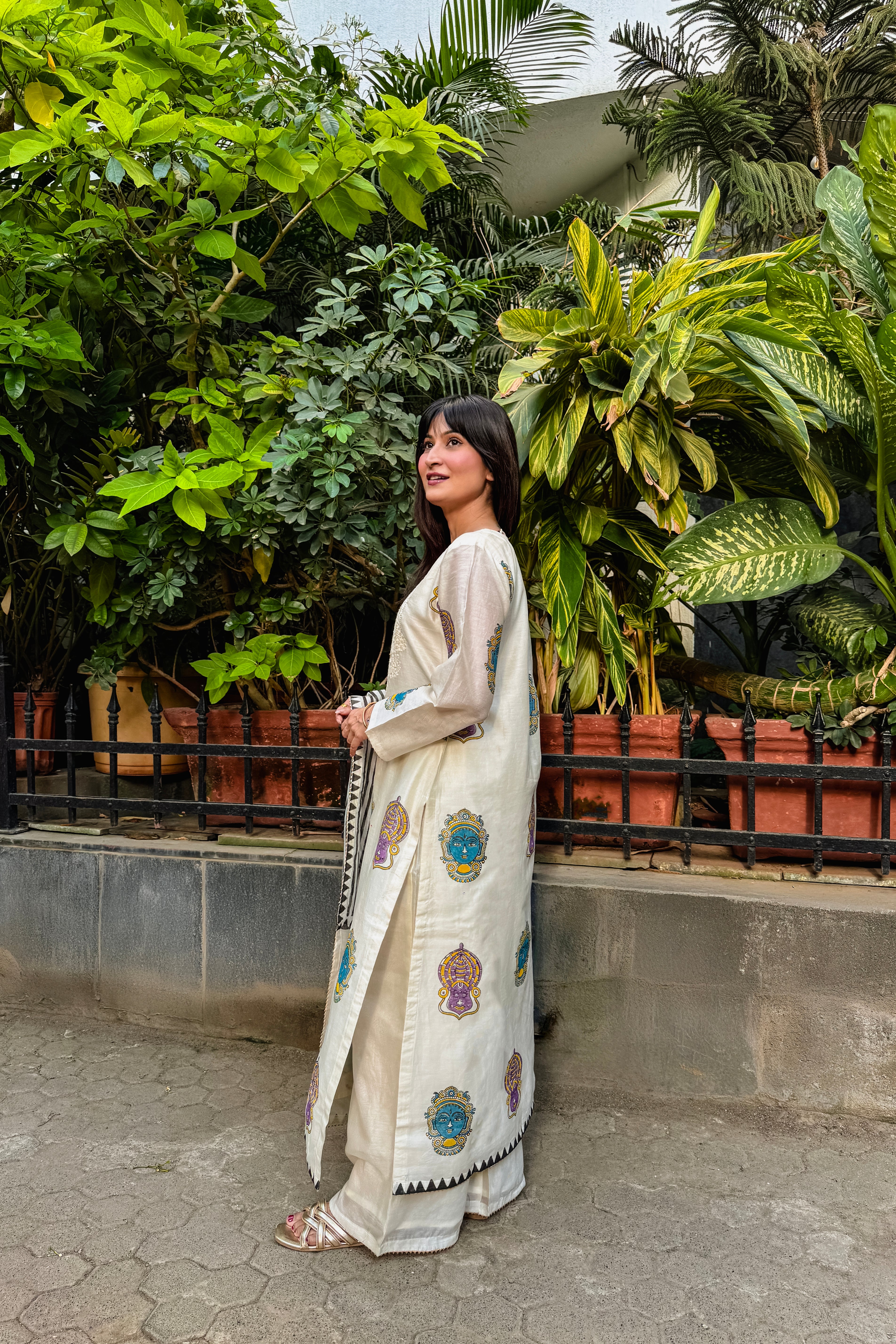 Handcrafted Ivory Printed Chanderi Long Suit Set x Noorin Sha | HER-611