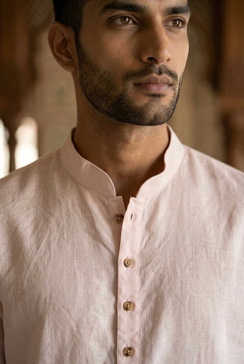 Men’s Pure Linen Kurta Pajama Set – Soft Blush Pink