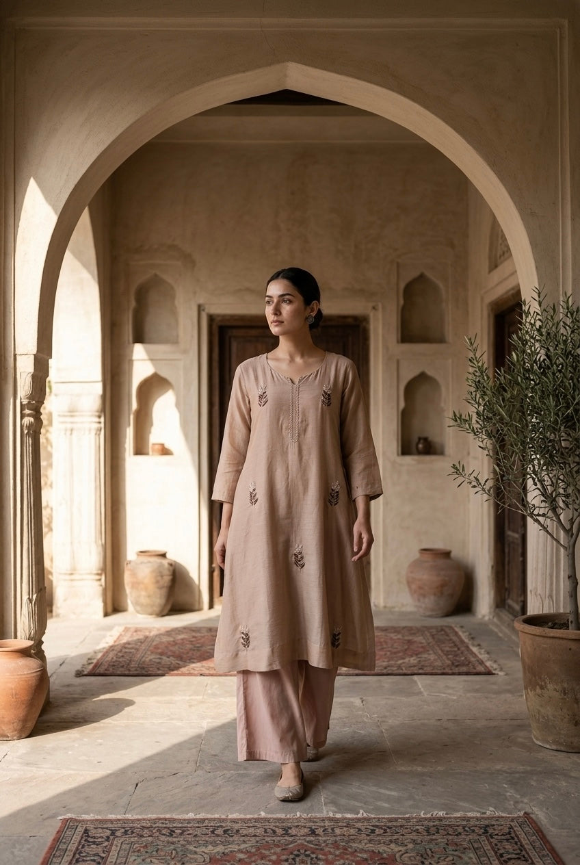 Champagne Beige Embellished Mul Chanderi A-Line Suit Set