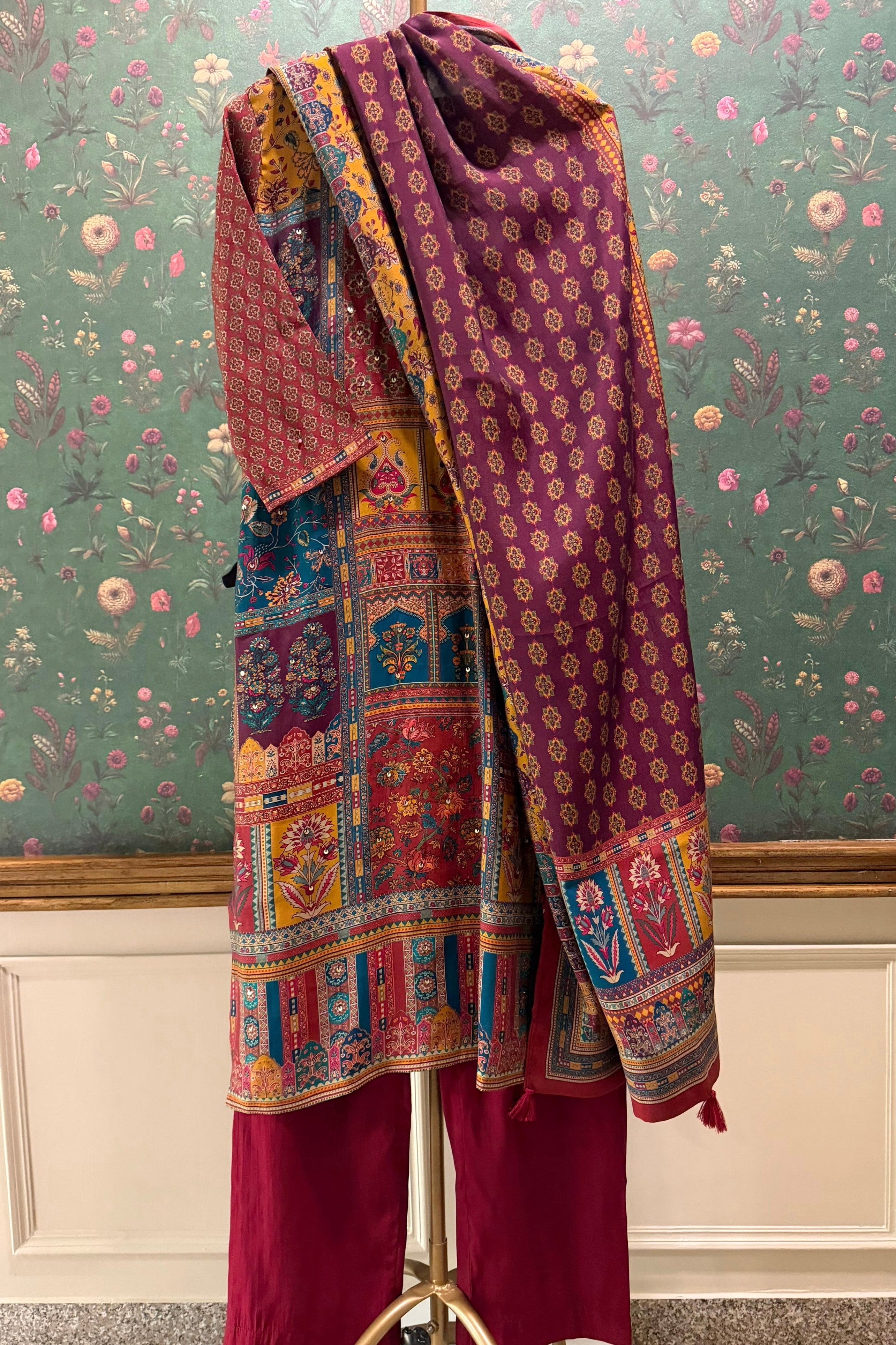Aurelia Maroon Multicolor Muslin Suit Set | HER-569