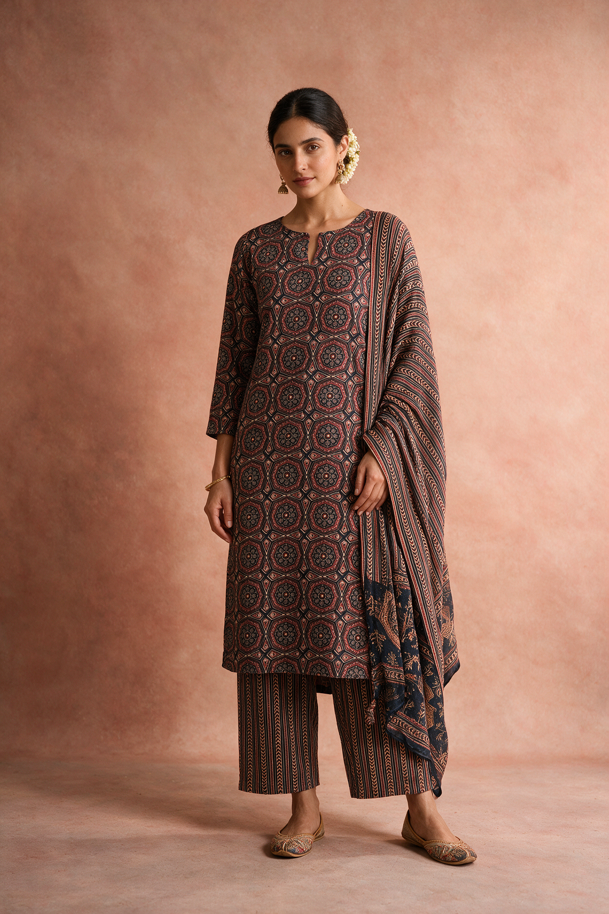 Rust Black Geometric Printed Cotton Suit Set | HER-730