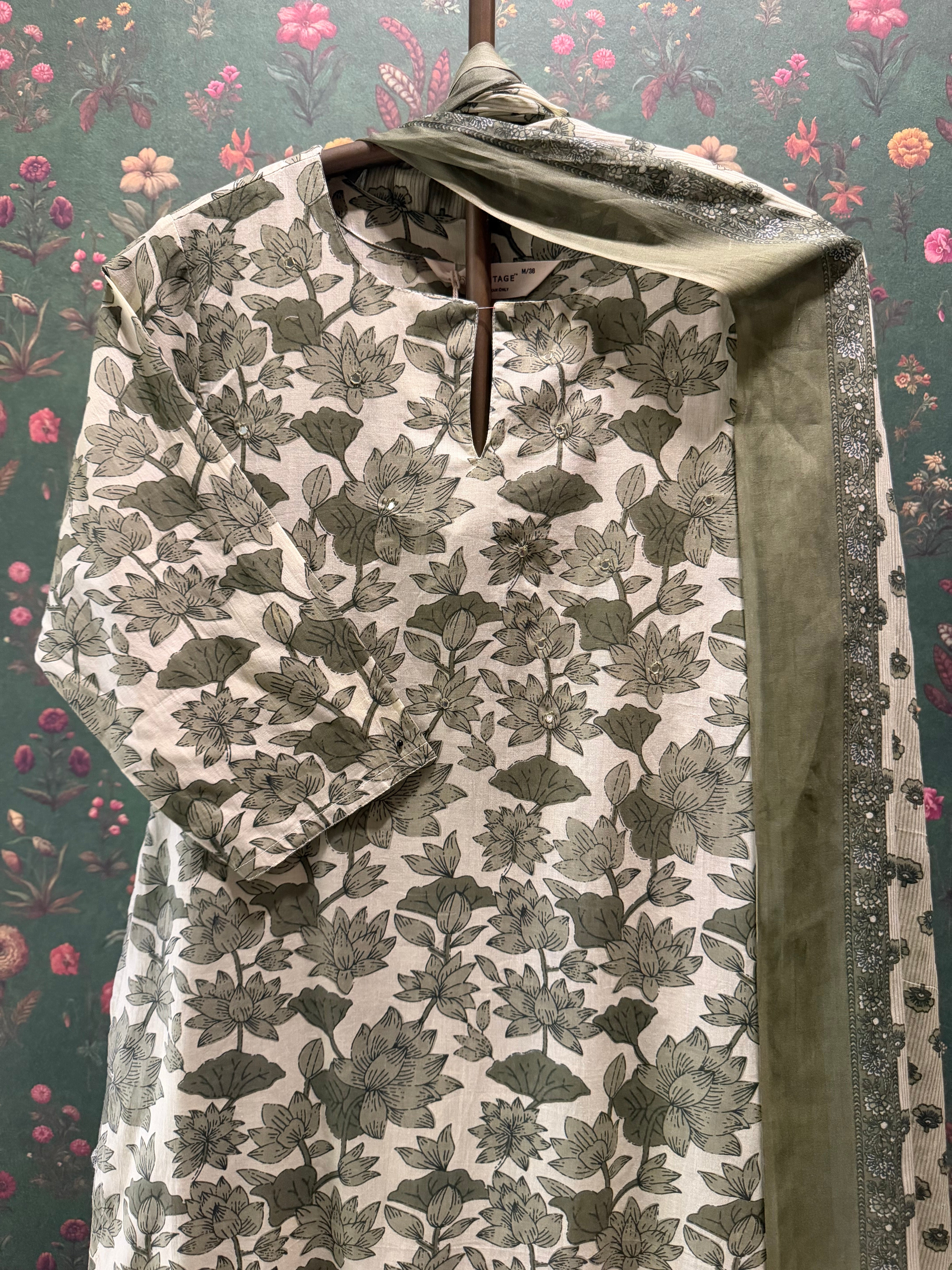 Sage Green Floral Printed Cotton Suit Set | HER-727