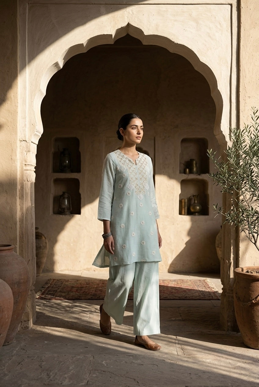Pastel Blue Mul-Chanderi Kurta/Co-ord Set