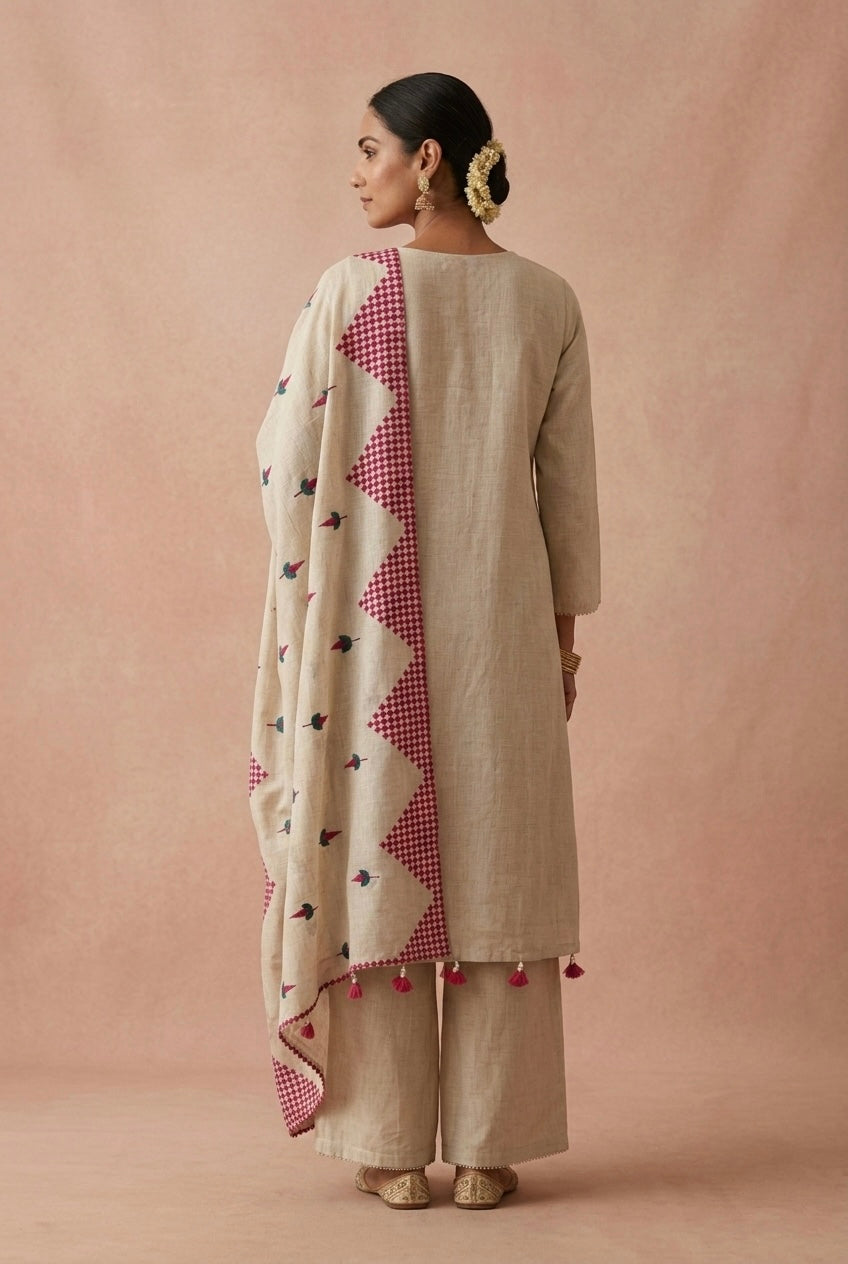 Ivory Beige and Pink Embroidered Pure Chanderi Suit Set