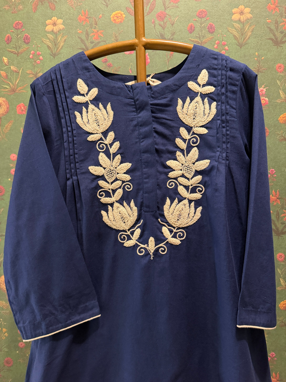 Navy Blue Lotus Embroidered Kurta Set