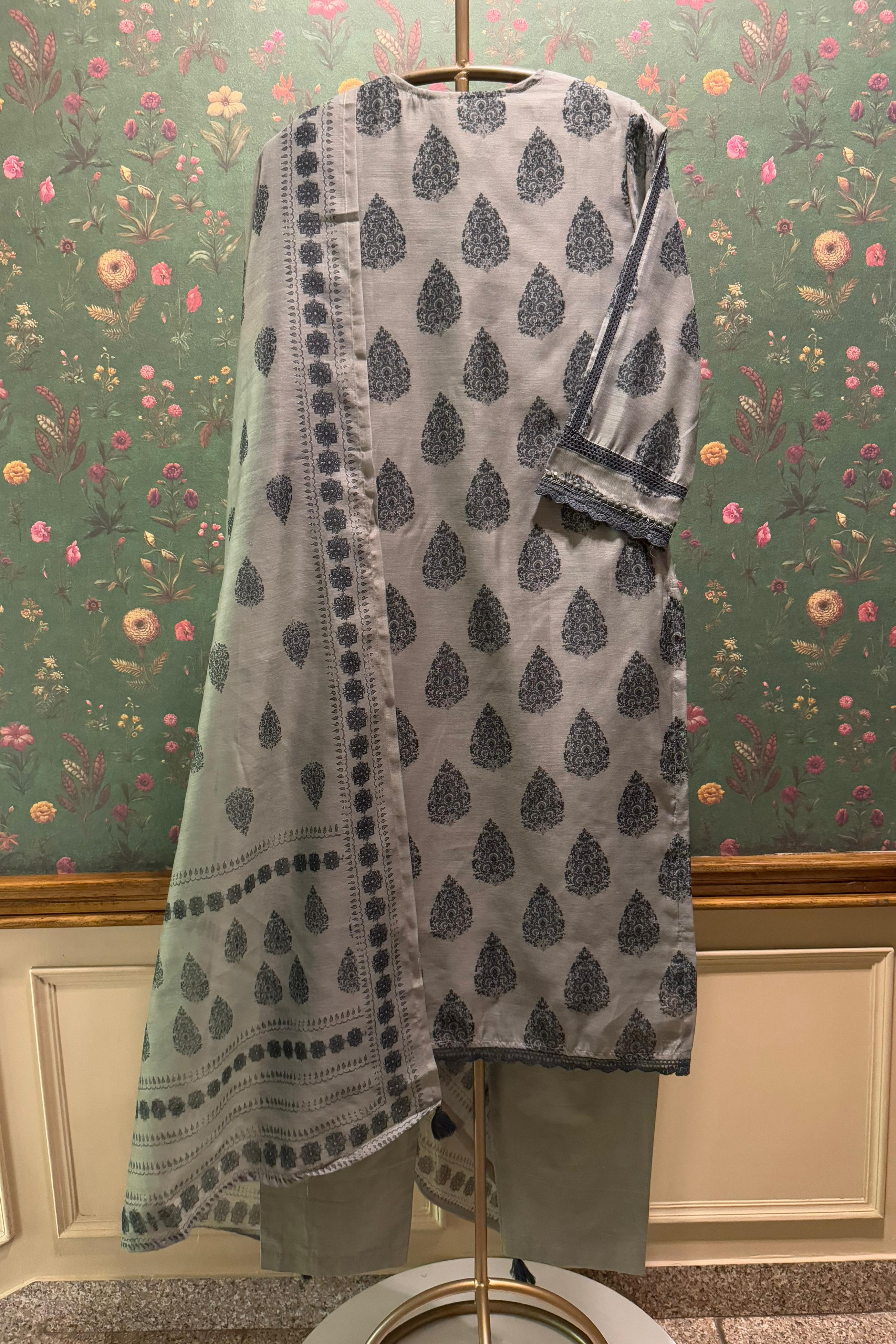 Tehzeeb Charcoal Sage Green Chanderi Suit Set | HER-411