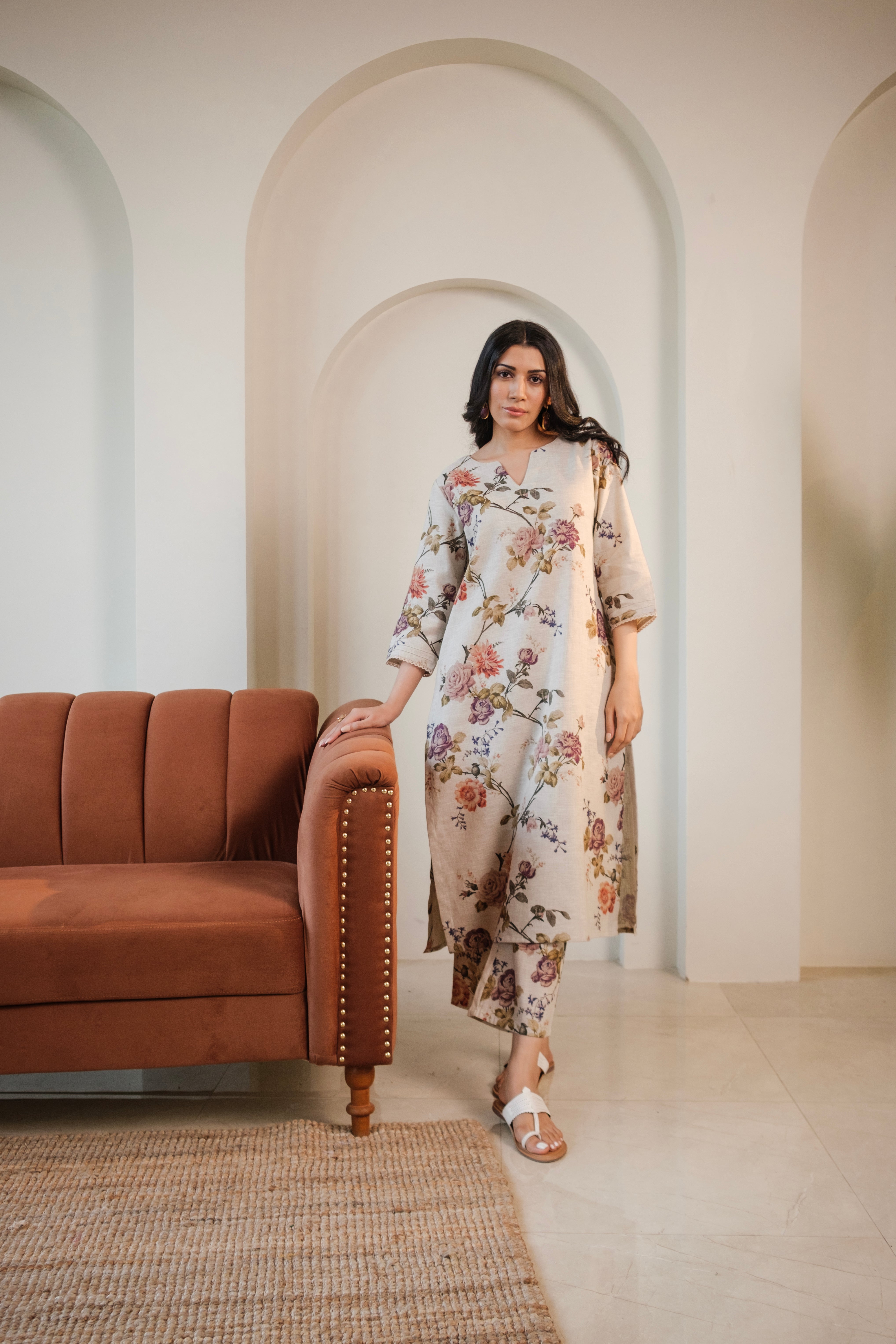 Rosalie Bloom Pure Linen Co-ord/Kurta Set | HER-465