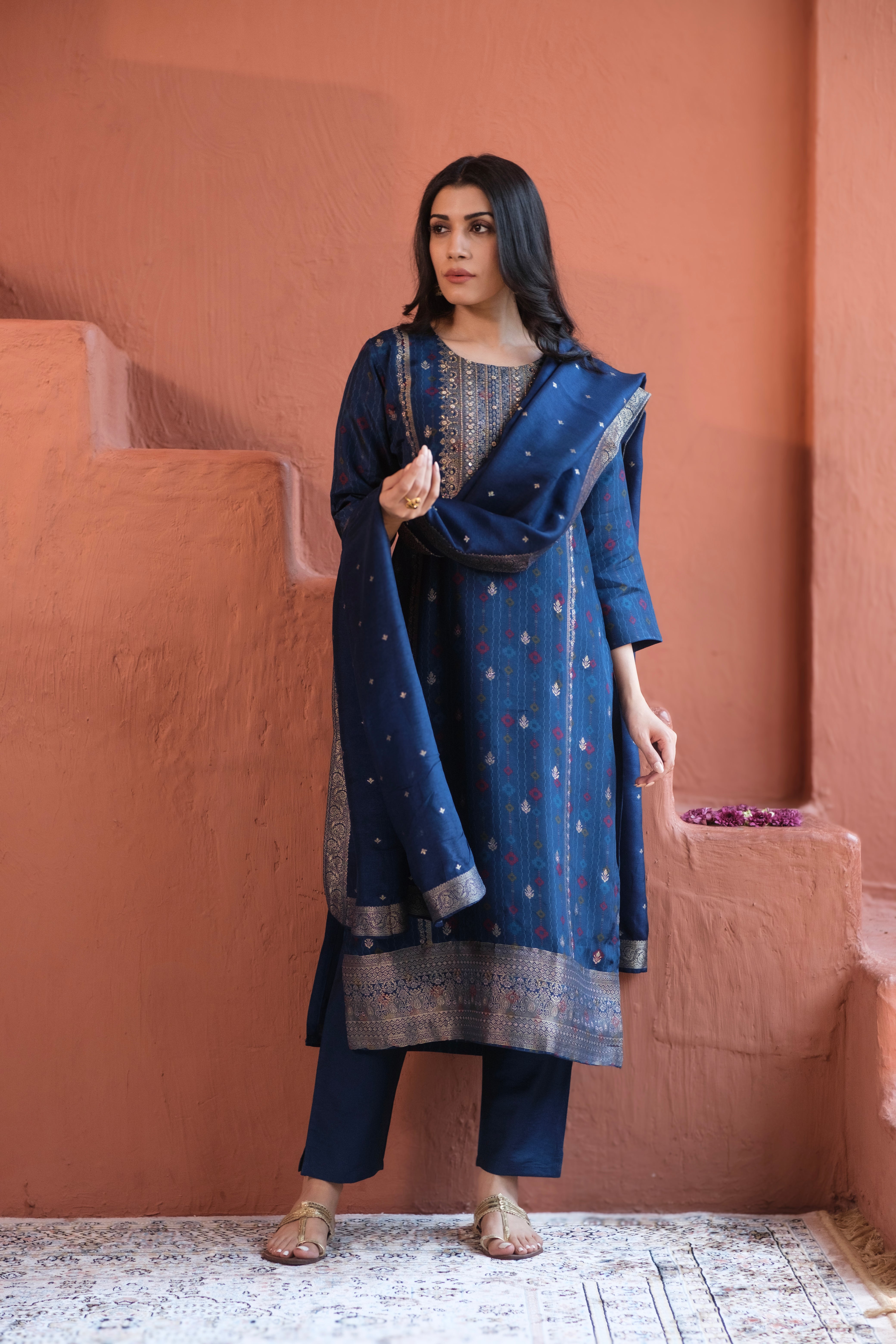 Royal Blue Dola Jacquard Suit Set | HER-484