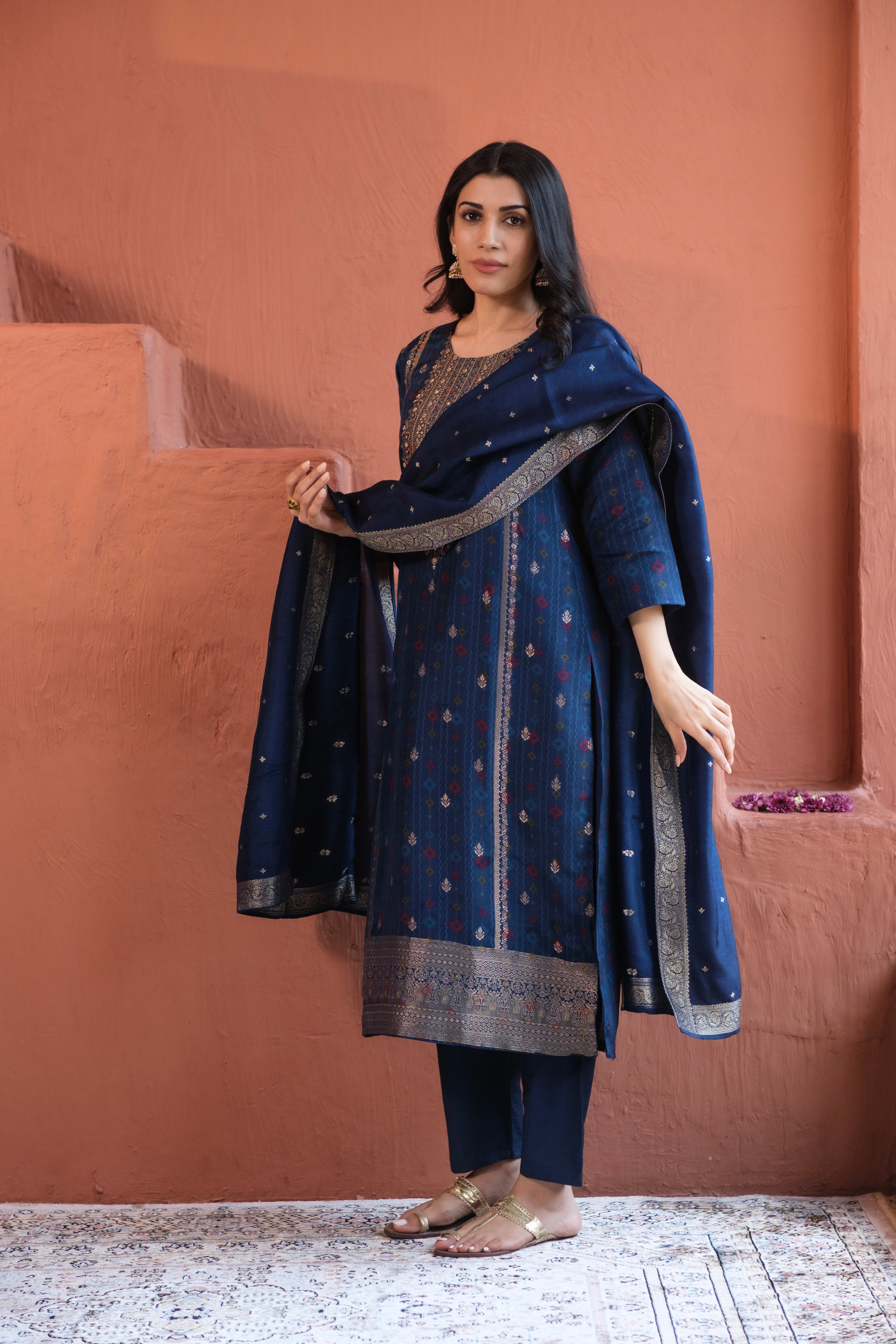 Royal Blue Dola Jacquard Suit Set | HER-484