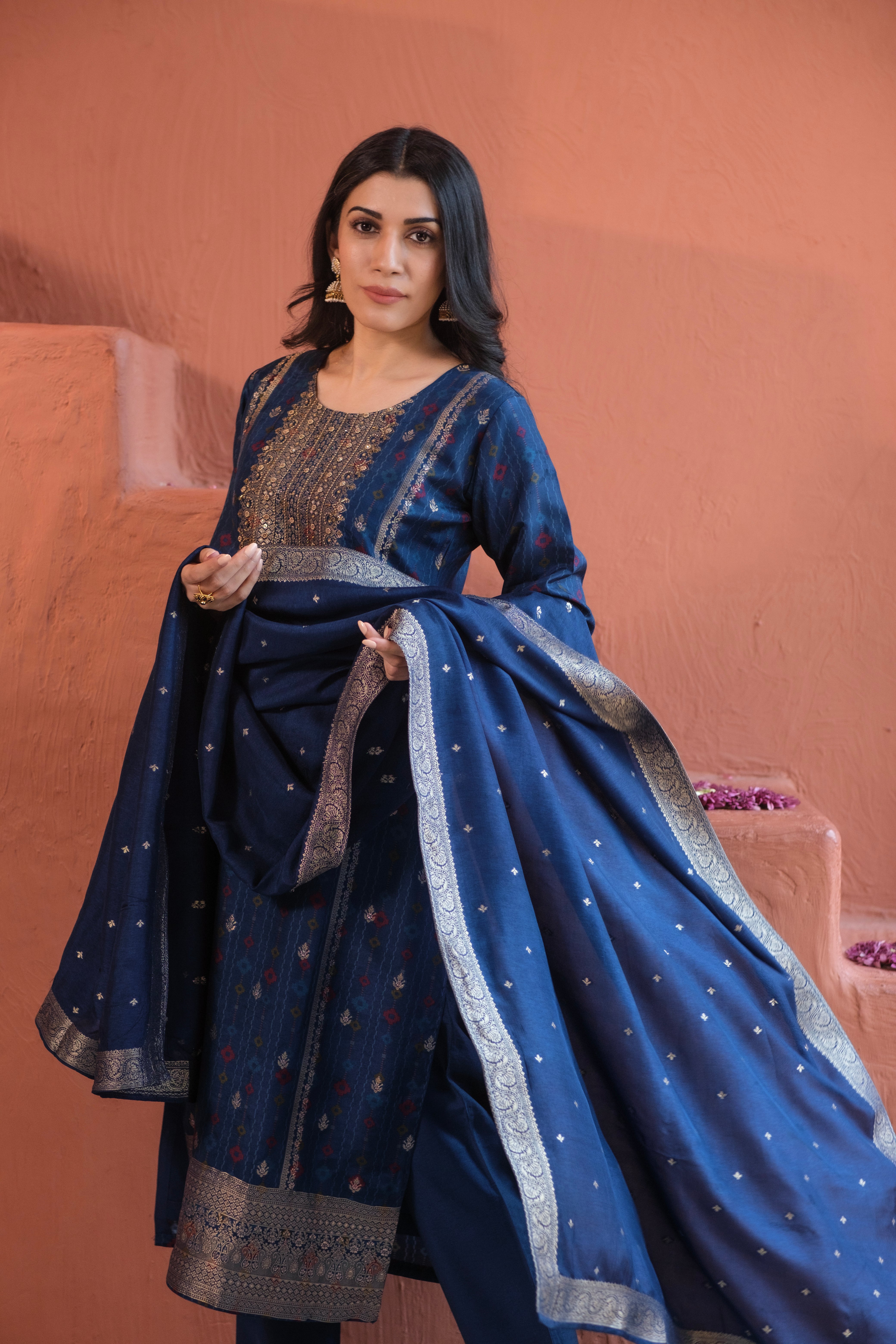 Royal Blue Dola Jacquard Suit Set | HER-484