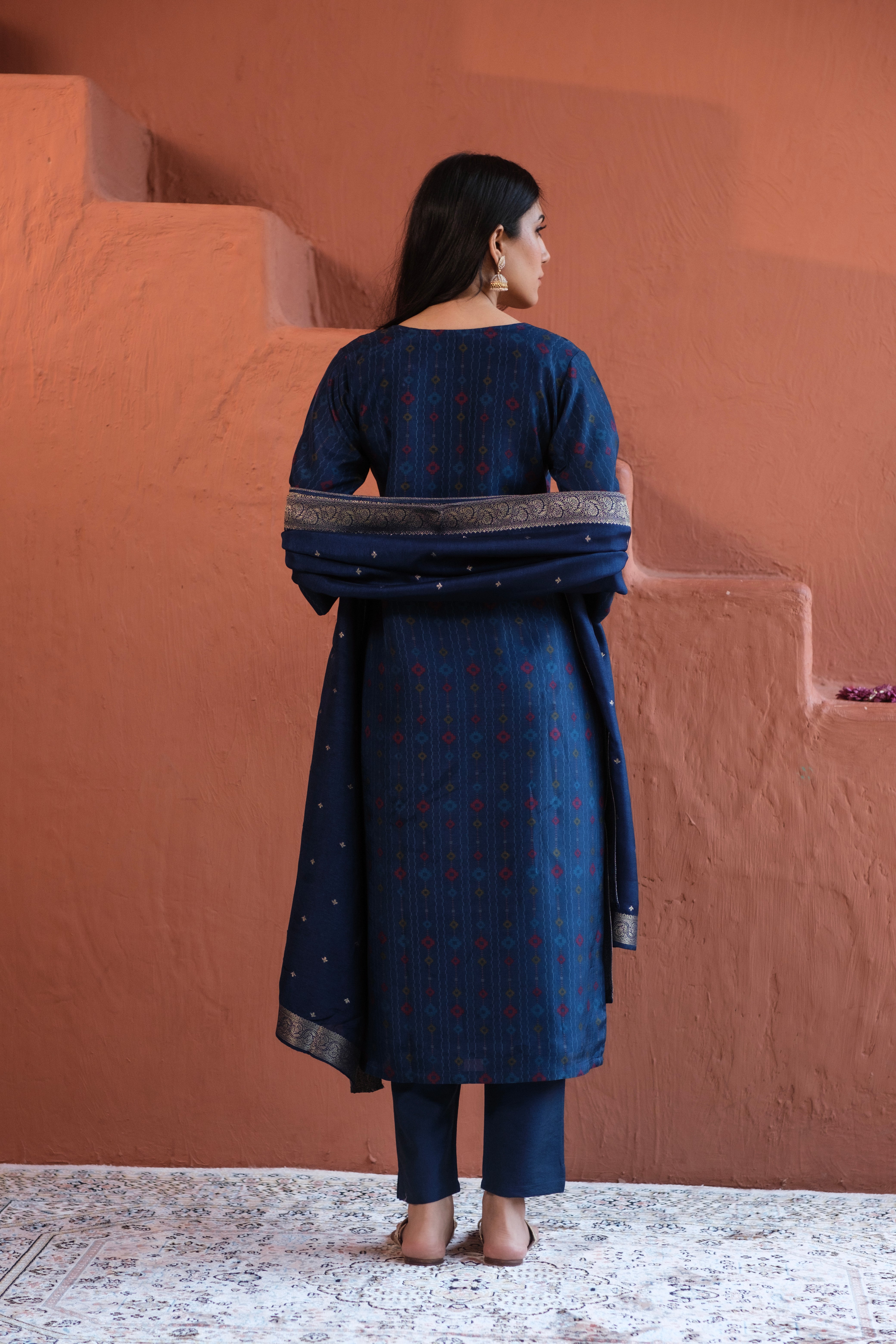 Royal Blue Dola Jacquard Suit Set | HER-484