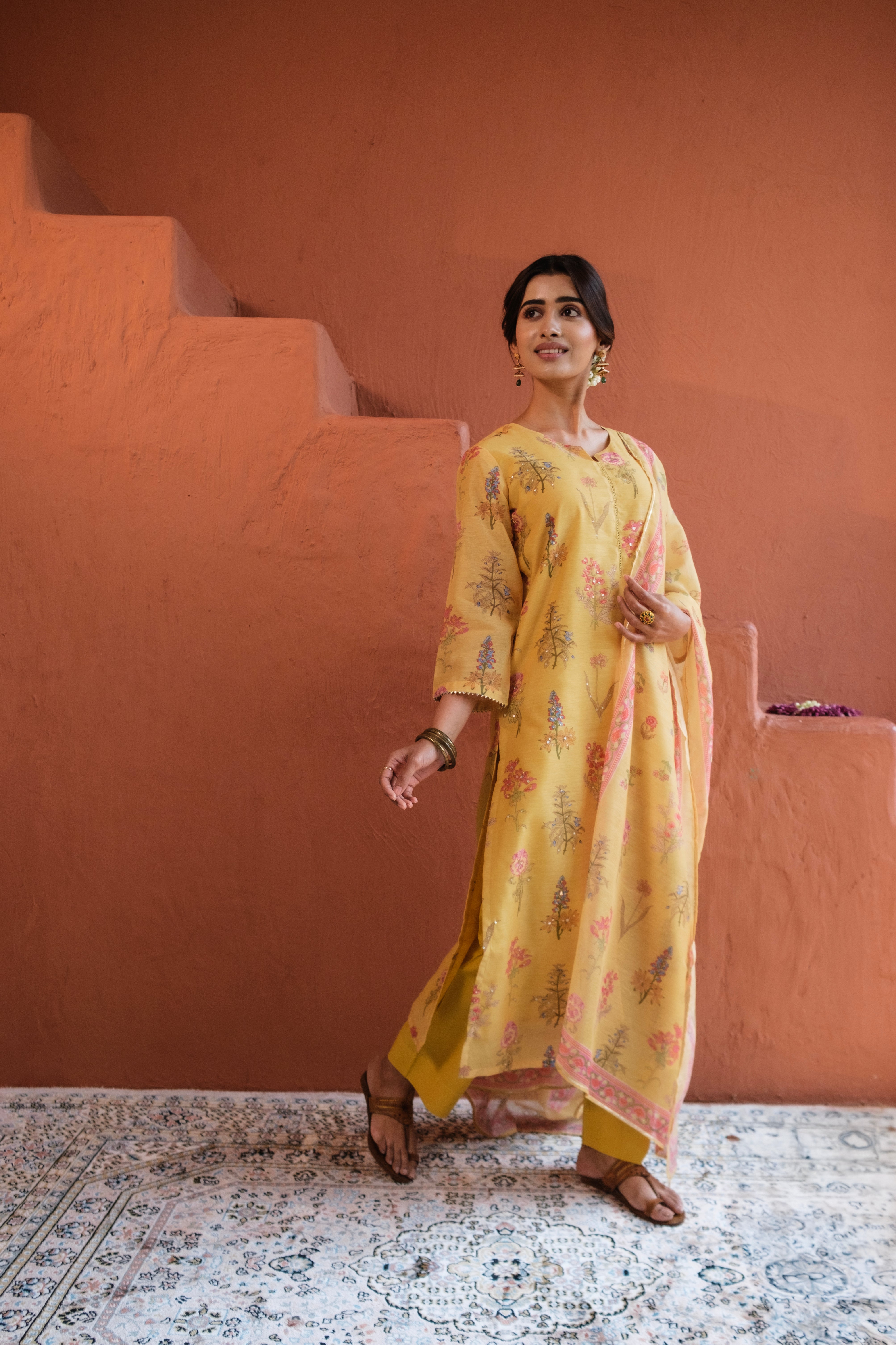 Floral Bloom Yellow Chanderi Suit Set | HER-420
