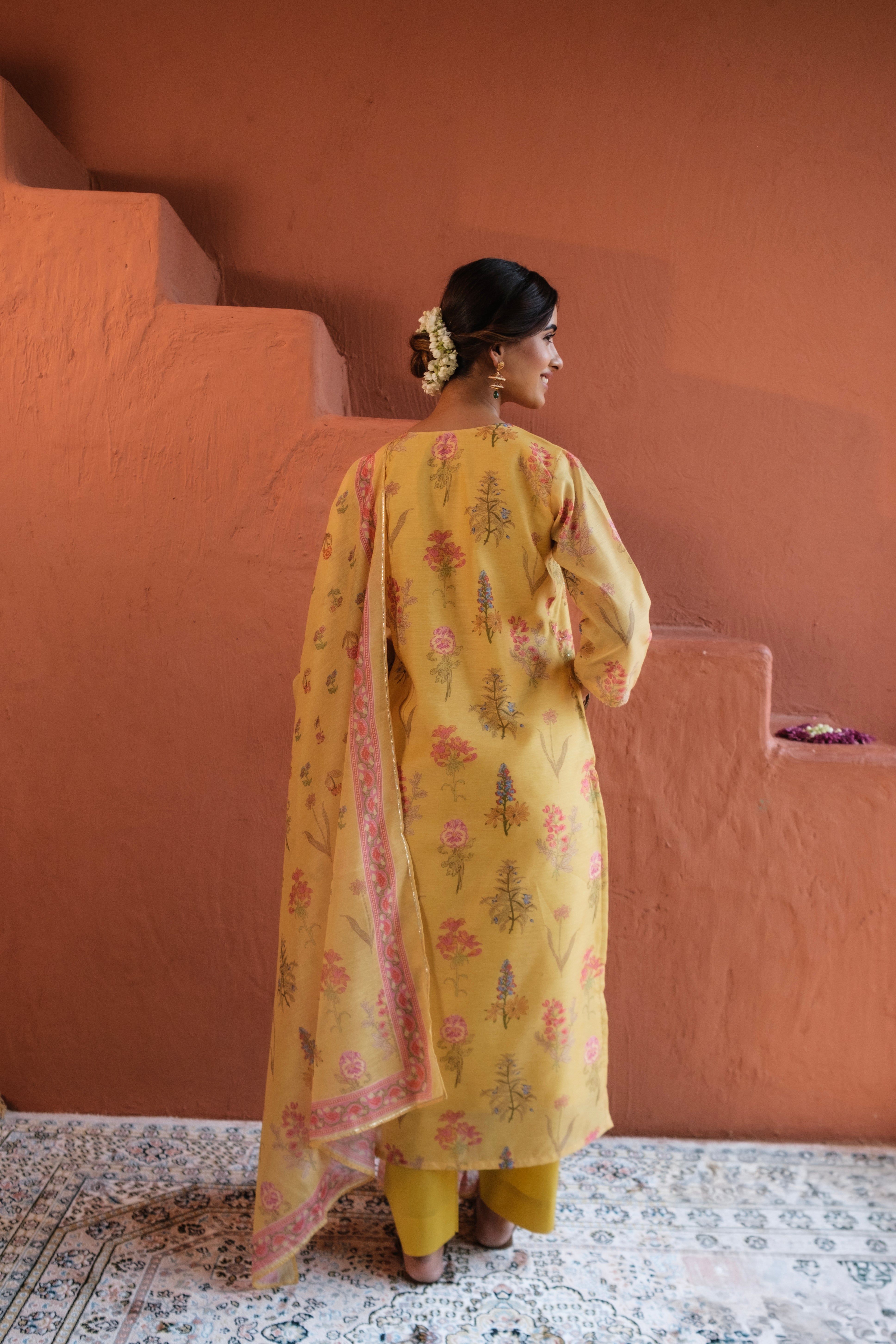 Floral Bloom Yellow Chanderi Suit Set | HER-420