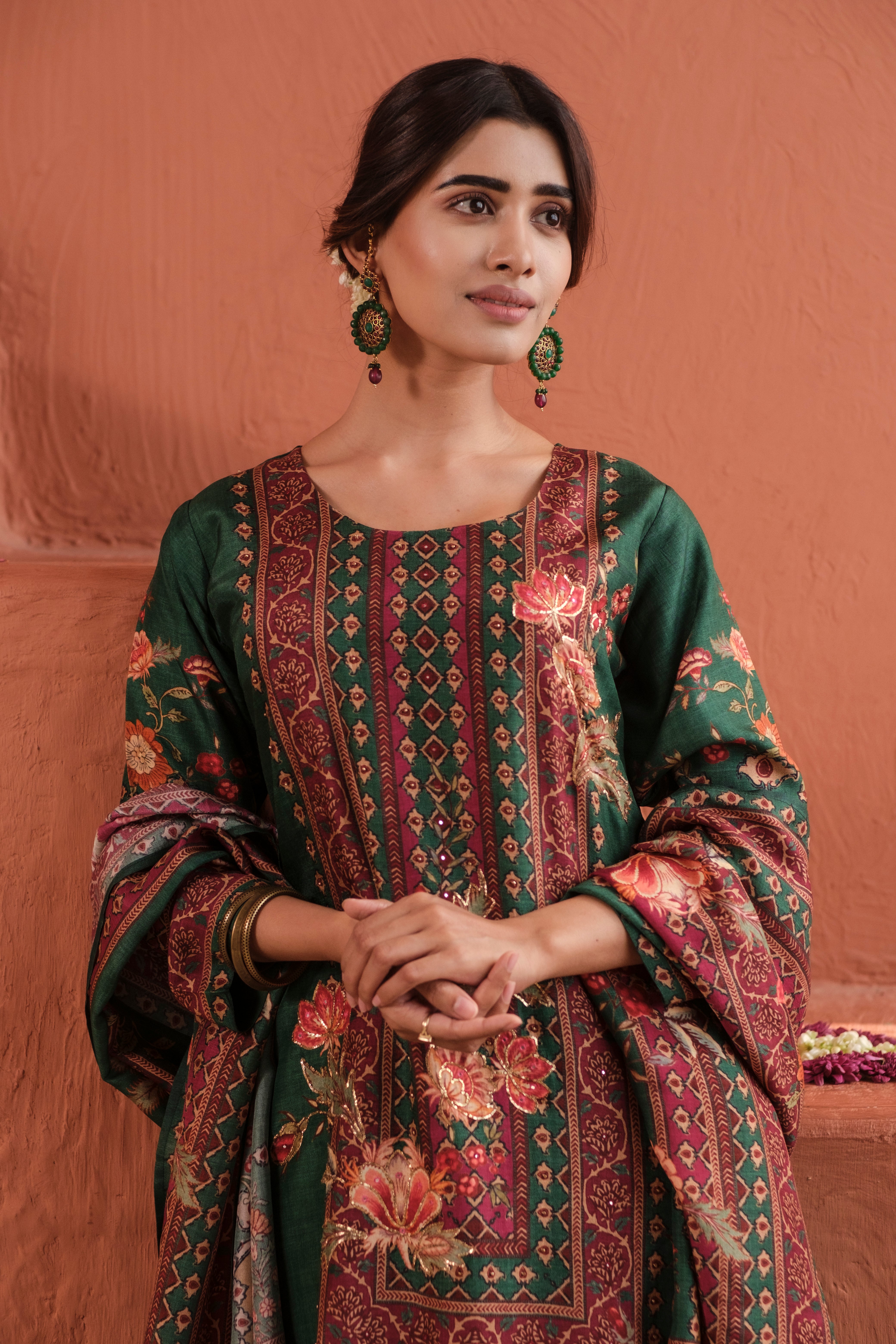 Emerald Green Dola Jacquard Suit Set with Dabka Work | HER-485
