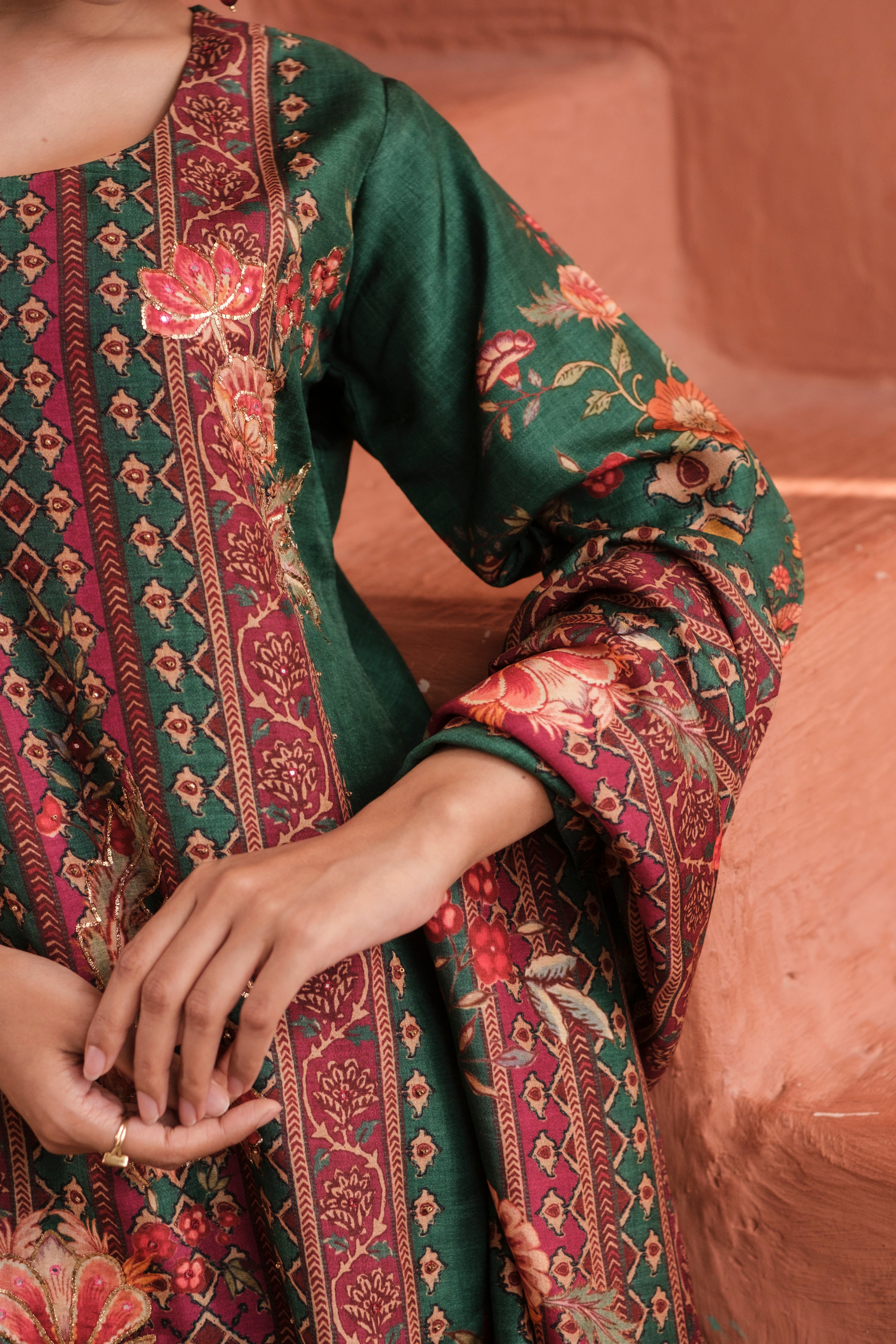 Emerald Green Dola Jacquard Suit Set with Dabka Work | HER-485