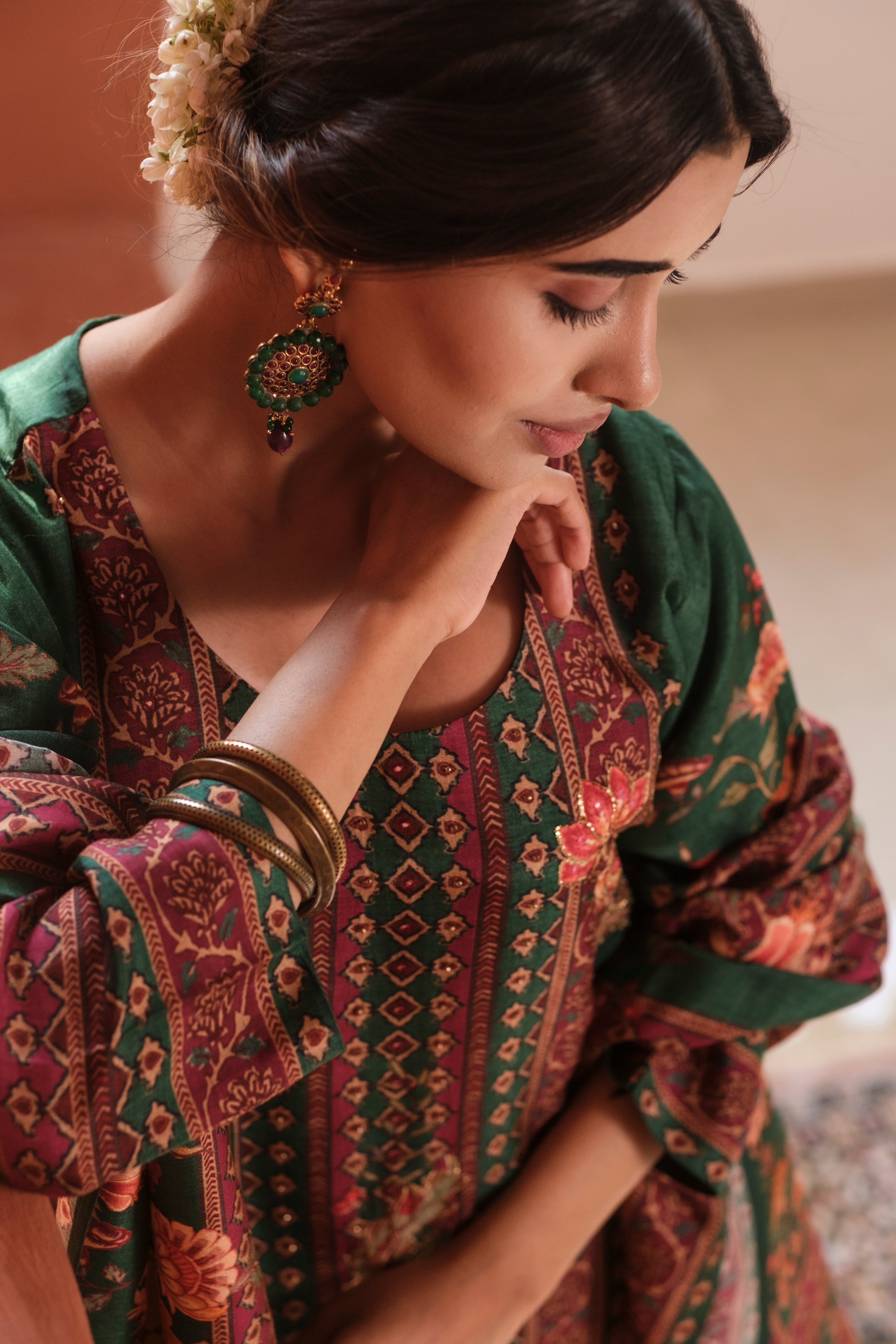 Emerald Green Dola Jacquard Suit Set with Dabka Work | HER-485