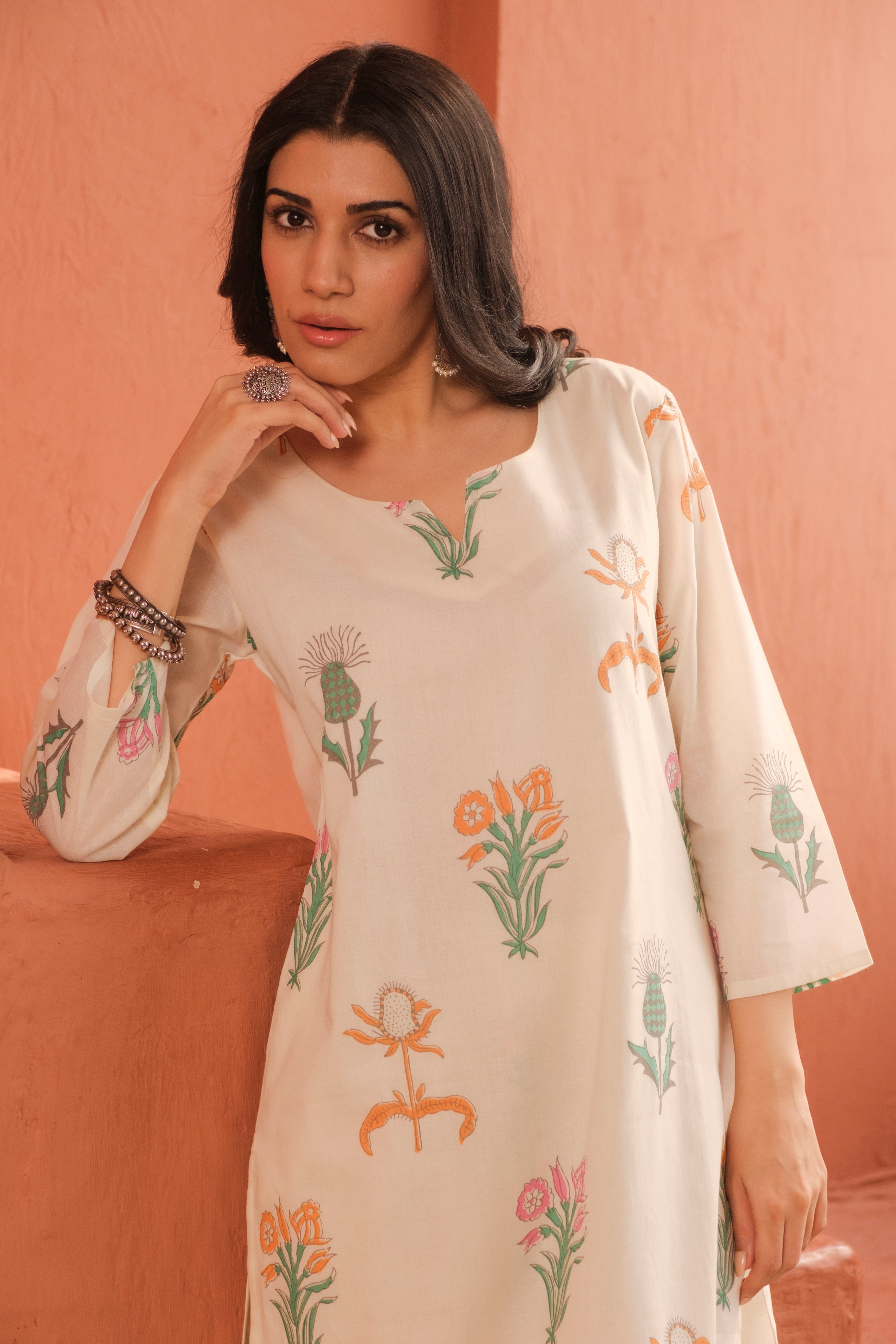 Set Of 2: Light Brown Mul Mul Kurta With Light Brown Mul Mul Pant main image 0