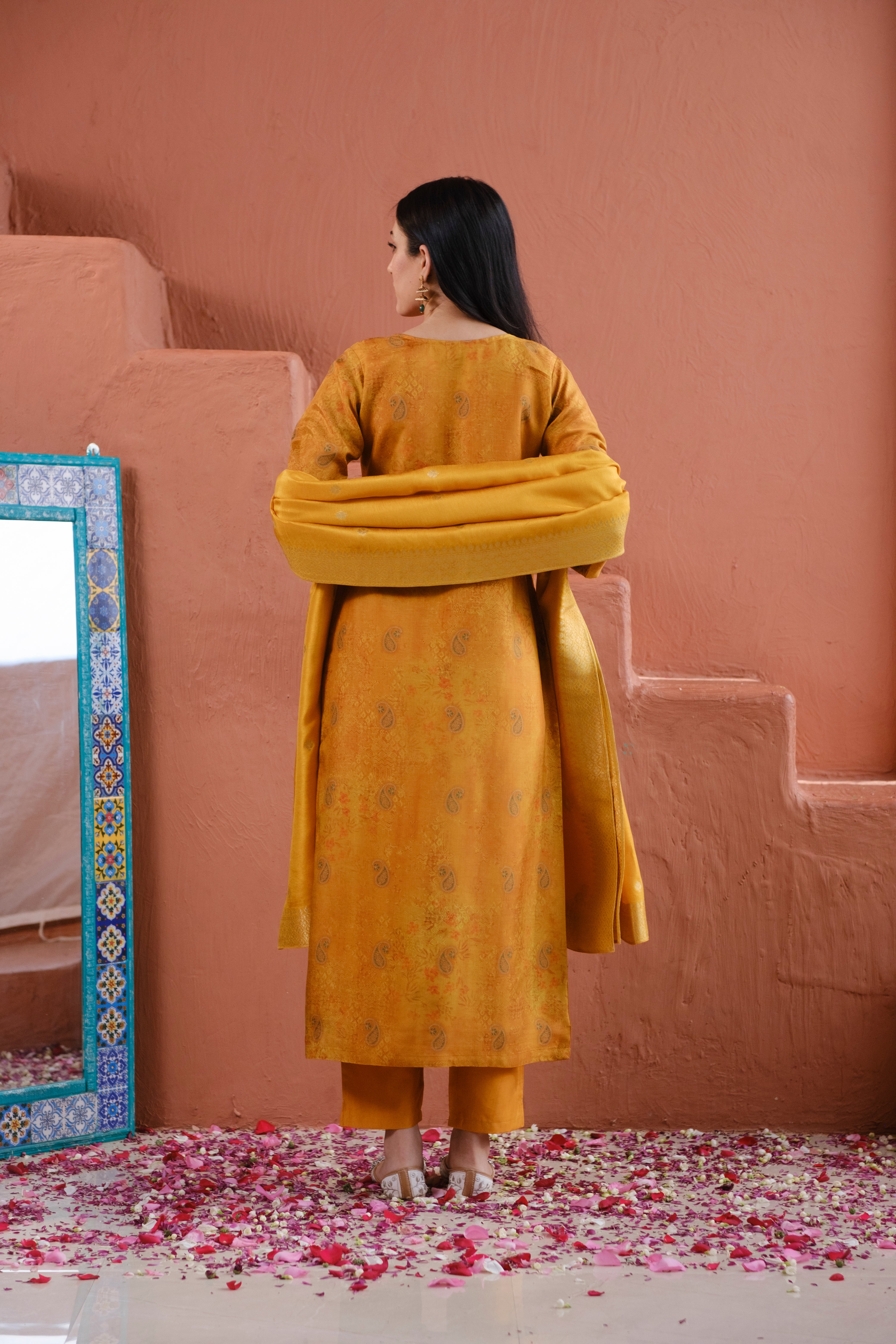 Heritage Premium Dola Jacquard Suit Set – Mustard Yellow | HER-483