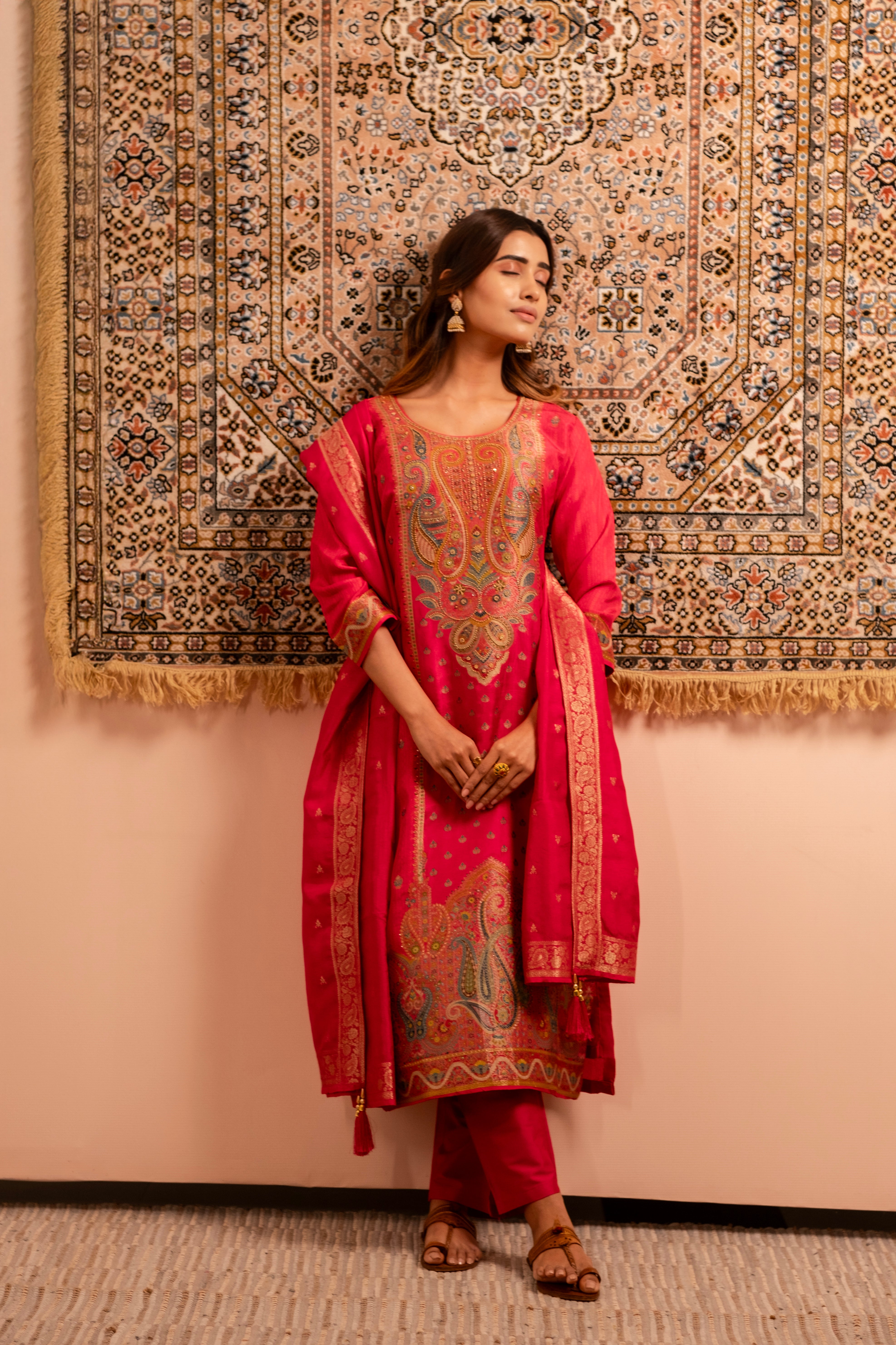 Meher Pink Dola Jacquard Suit Set | HER-487