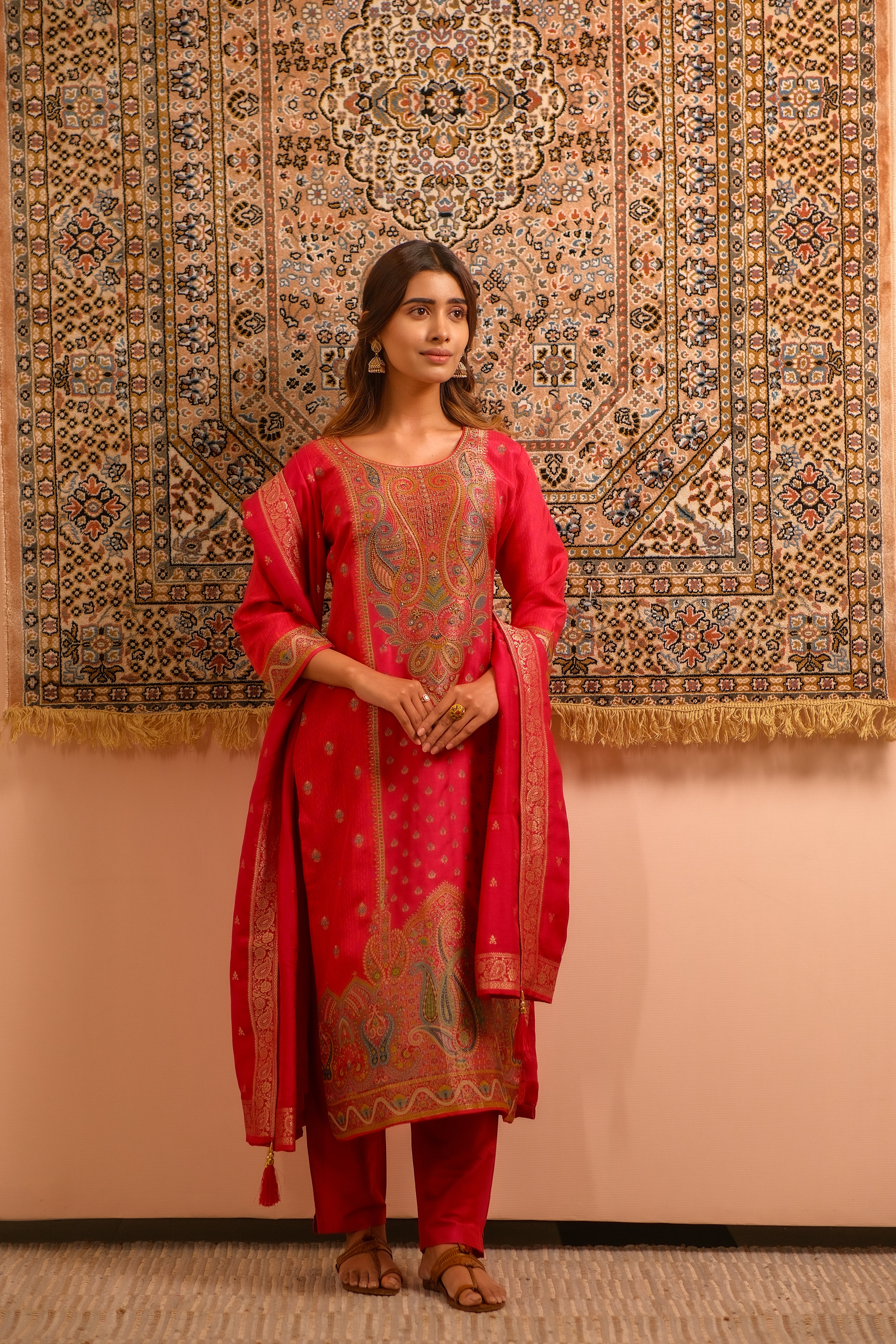 Meher Pink Dola Jacquard Suit Set | HER-487