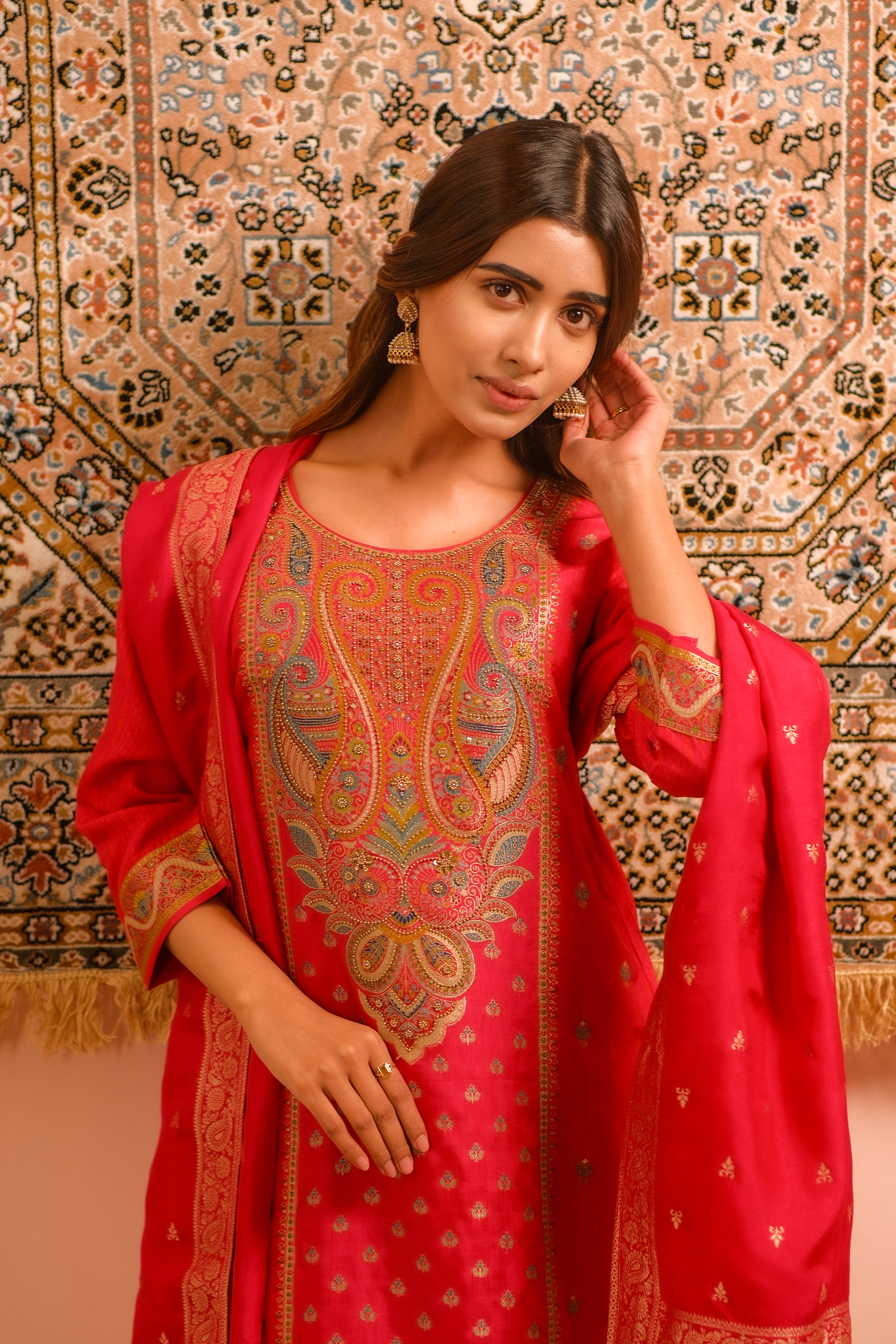 Meher Pink Dola Jacquard Suit Set | HER-487