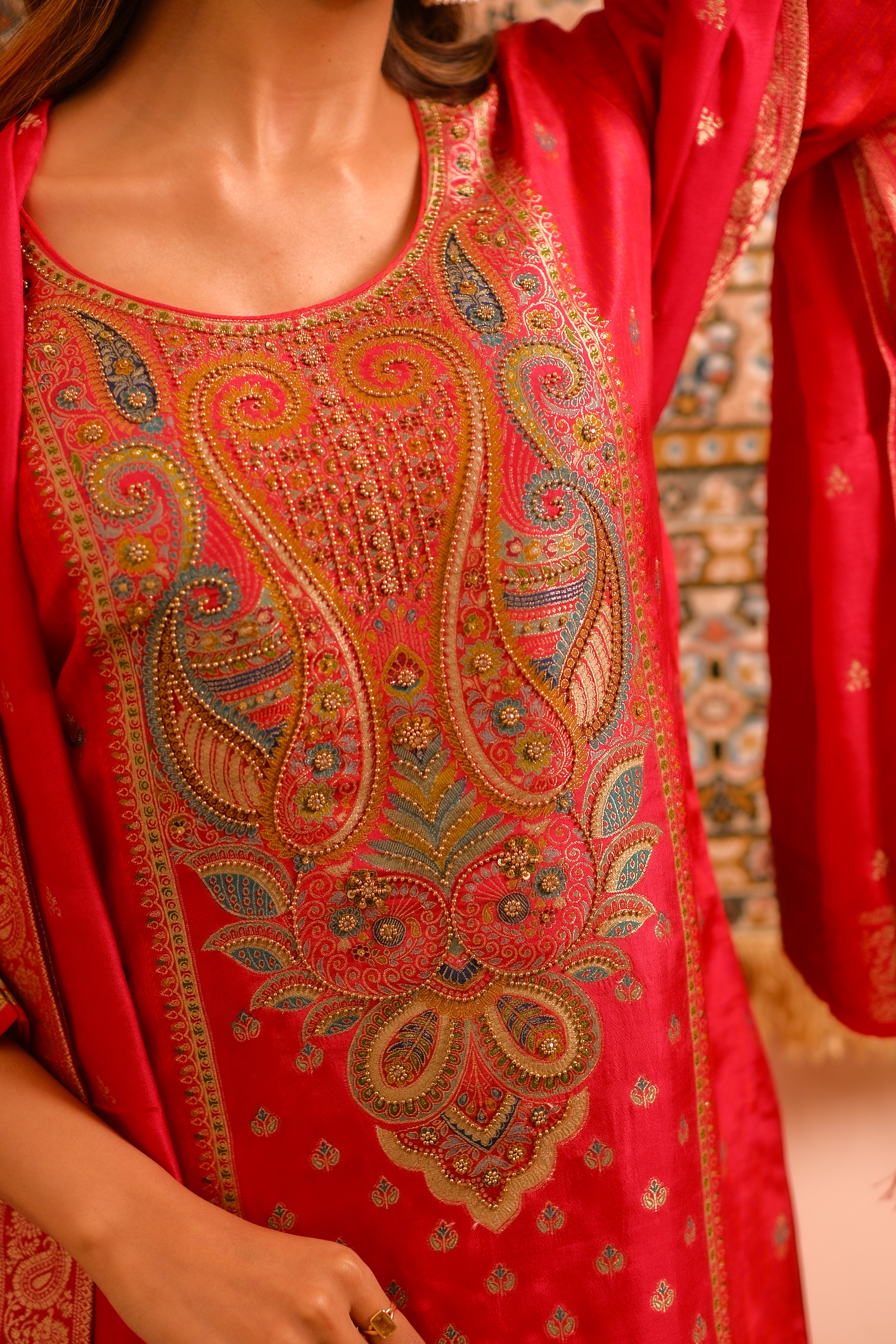 Meher Pink Dola Jacquard Suit Set | HER-487