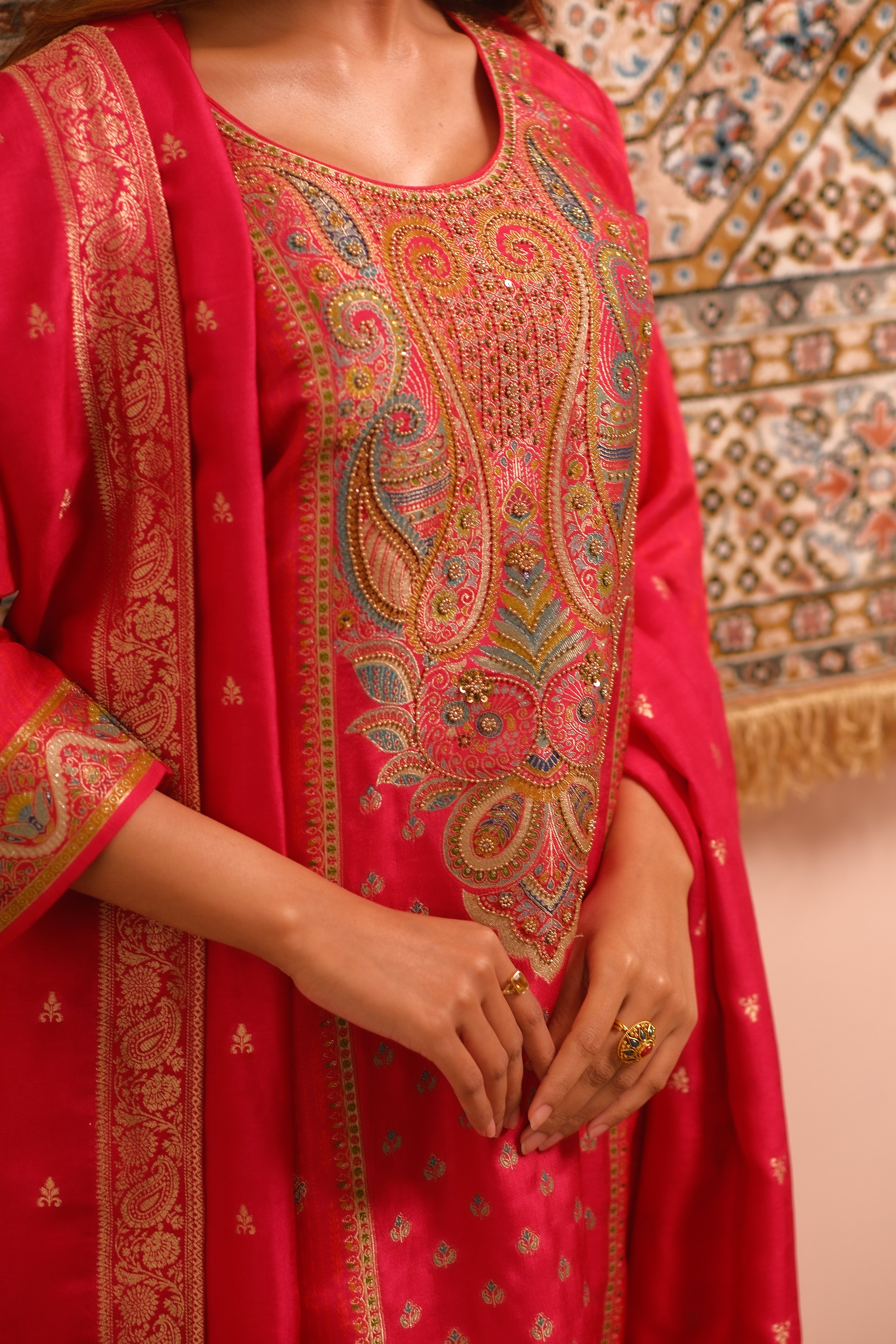 Meher Pink Dola Jacquard Suit Set | HER-487