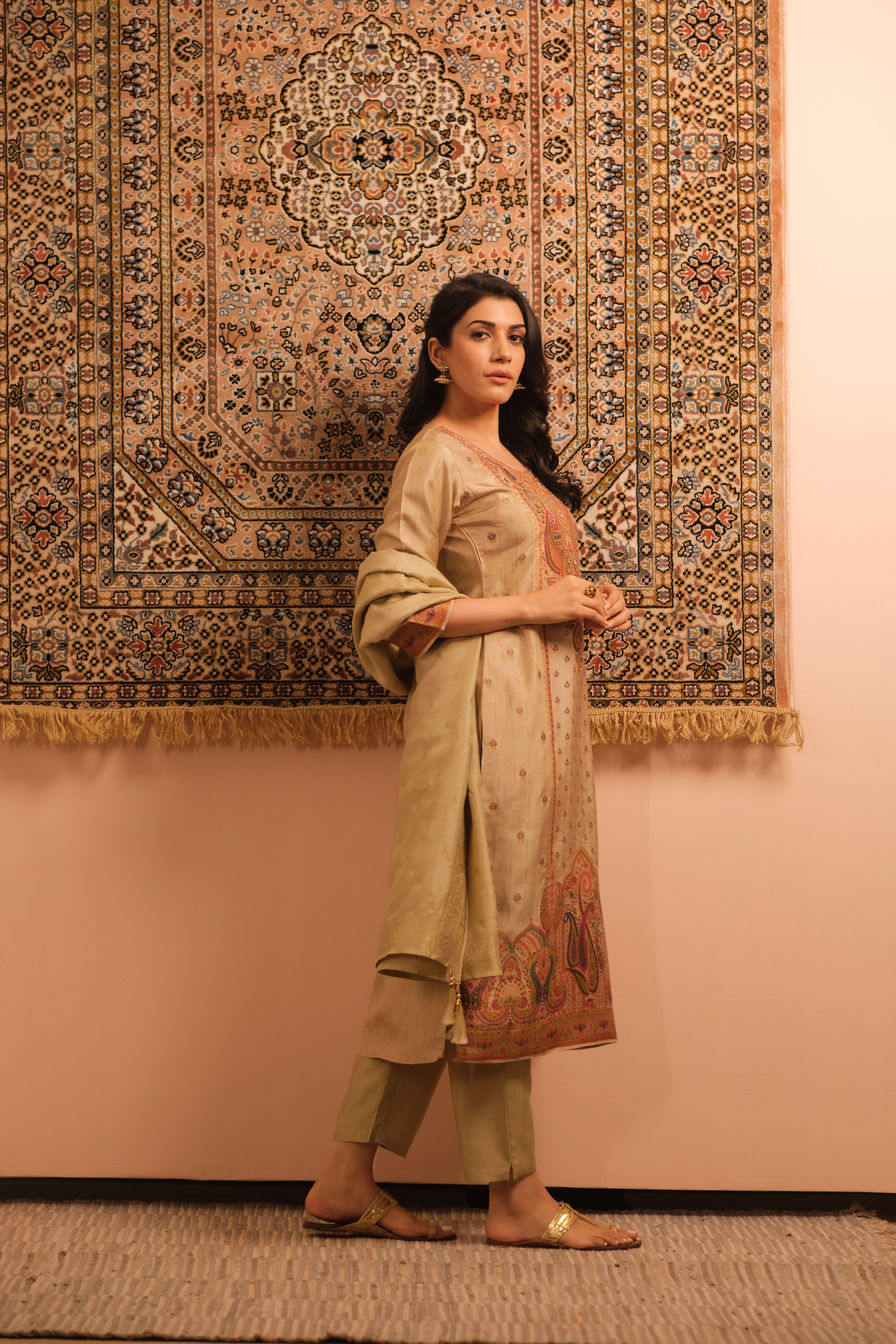 Meher Warm Beige Dola Jacquard Suit Set | HER-487