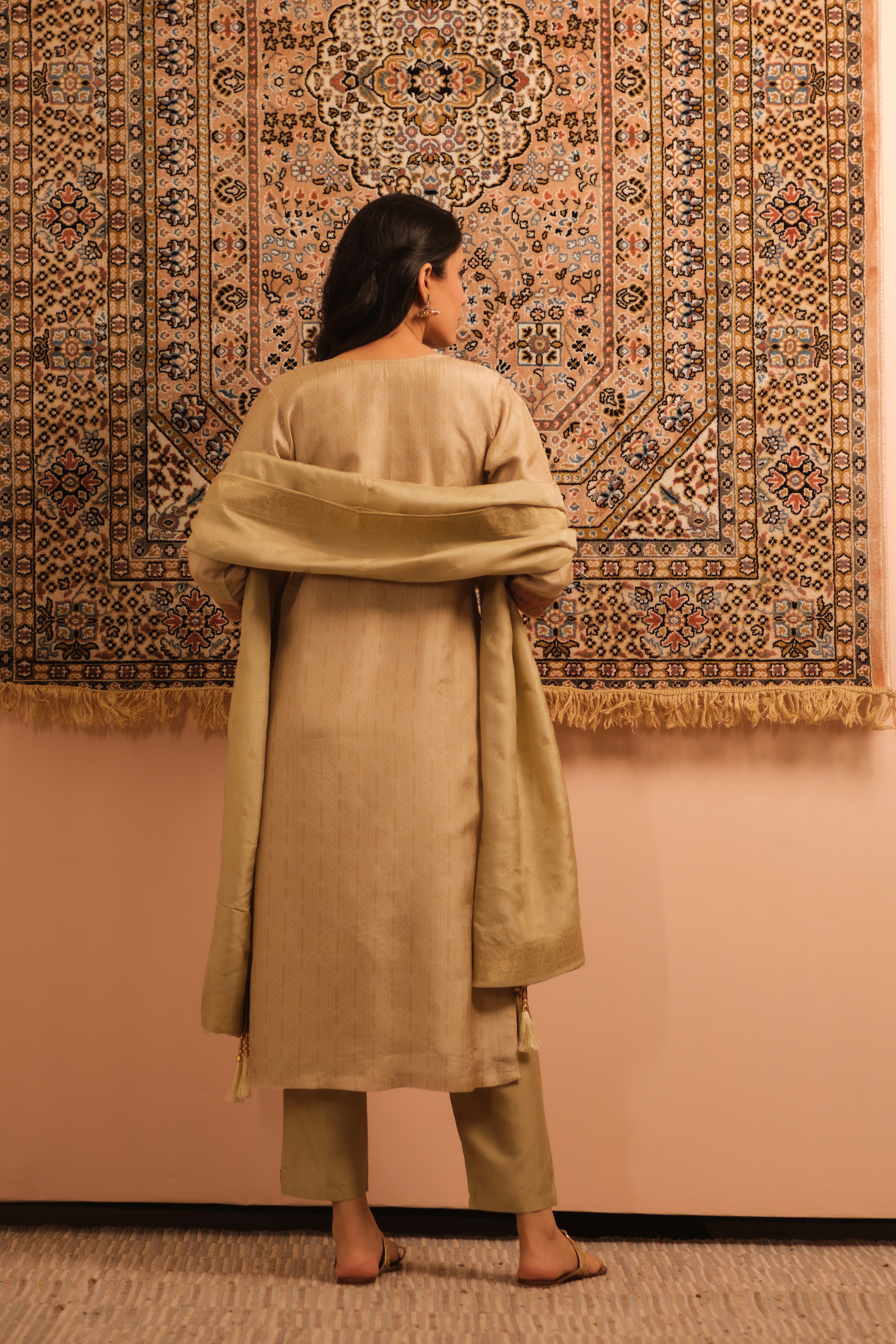 Meher Warm Beige Dola Jacquard Suit Set | HER-487