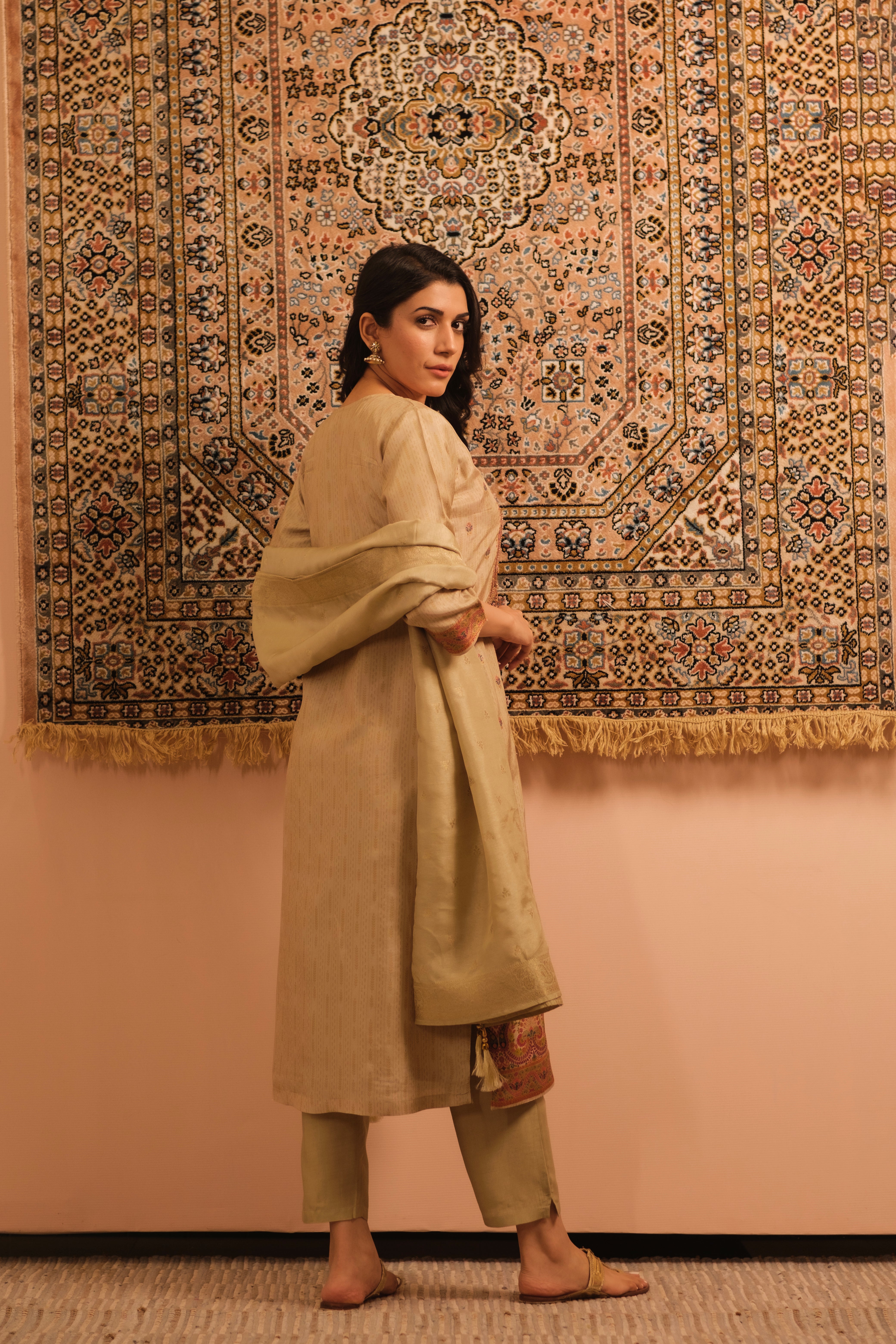 Meher Warm Beige Dola Jacquard Suit Set | HER-487