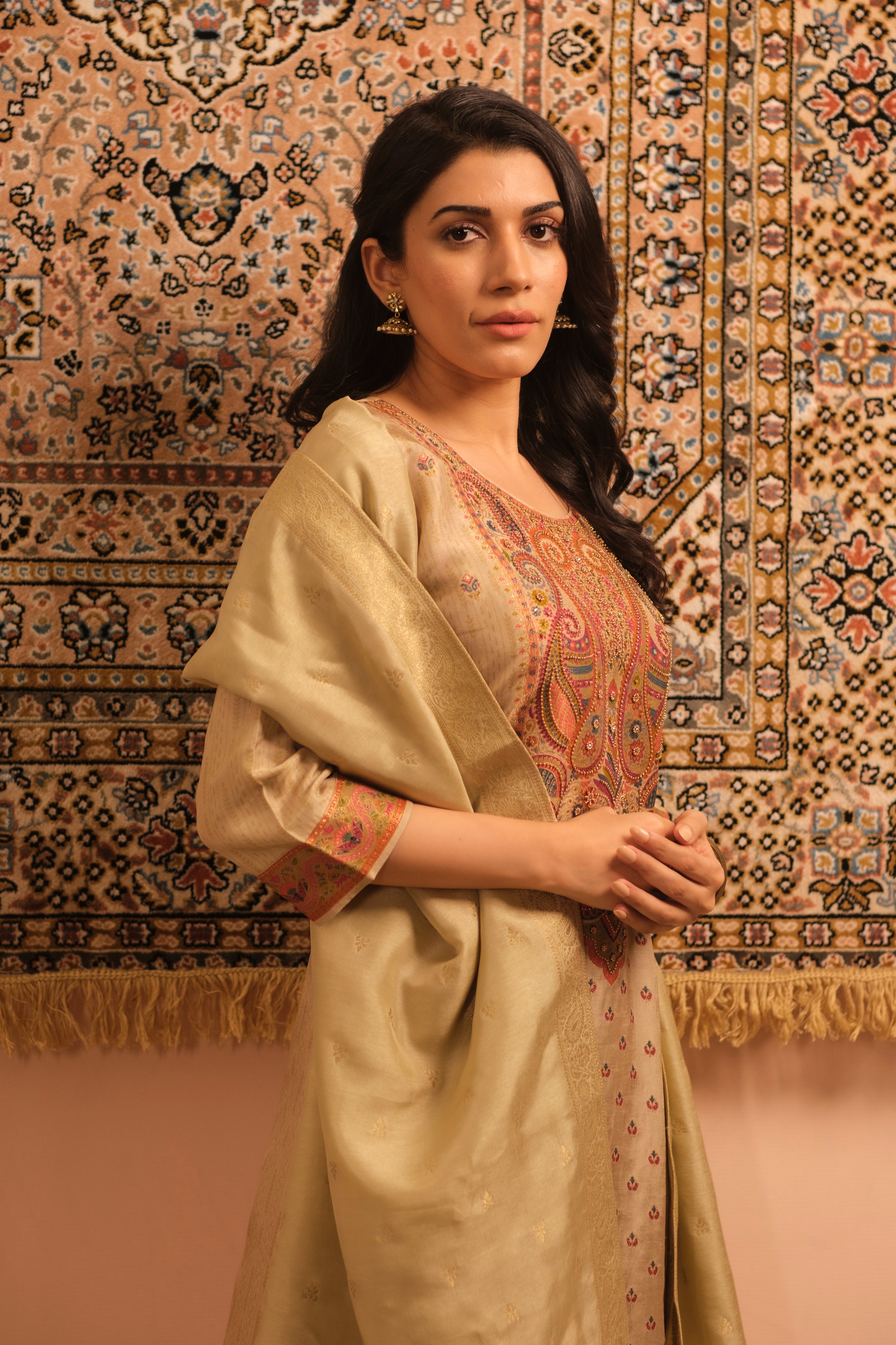 Meher Warm Beige Dola Jacquard Suit Set | HER-487